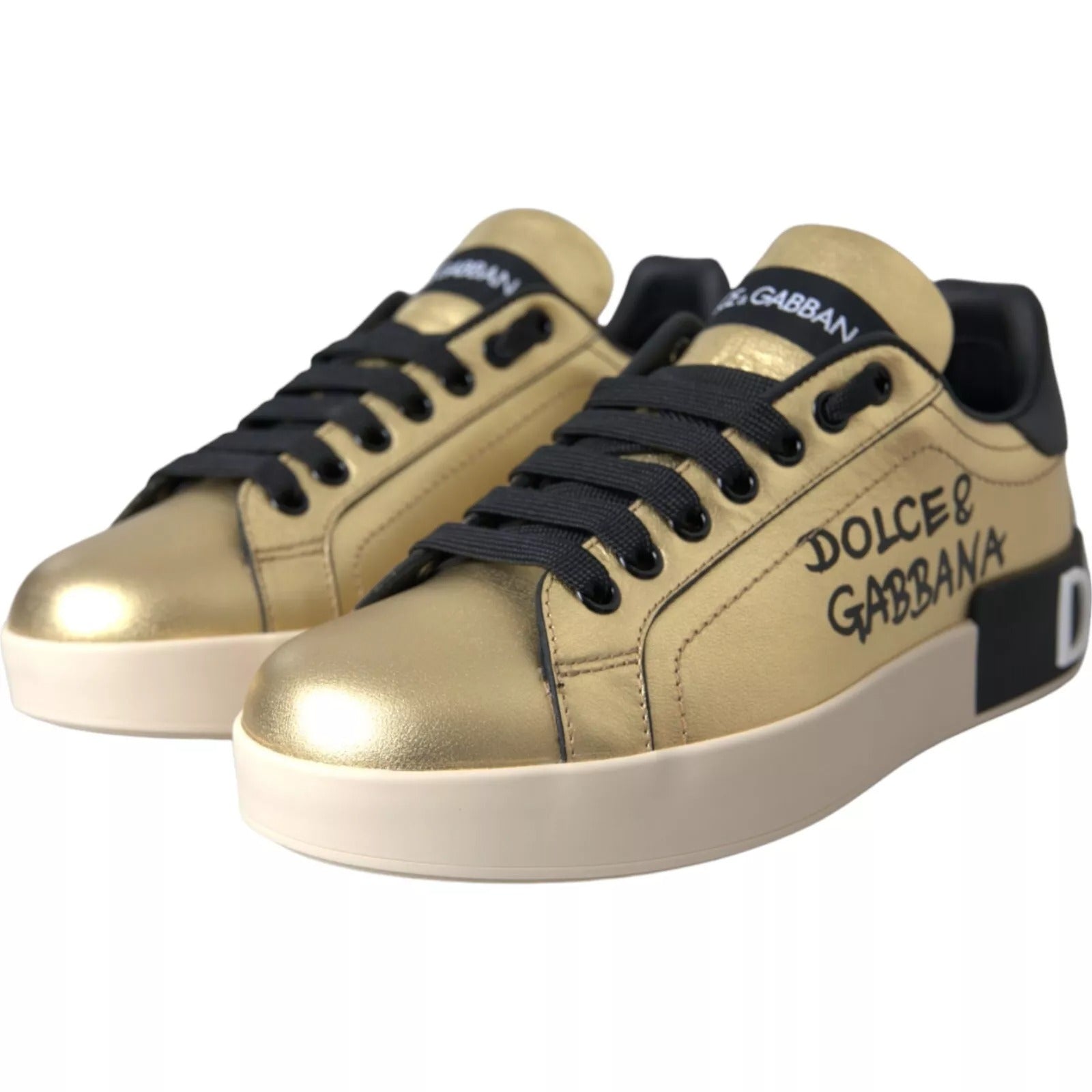 Dolce & Gabbana Gold Portofino Calf Leather Low Top Sneakers Shoes