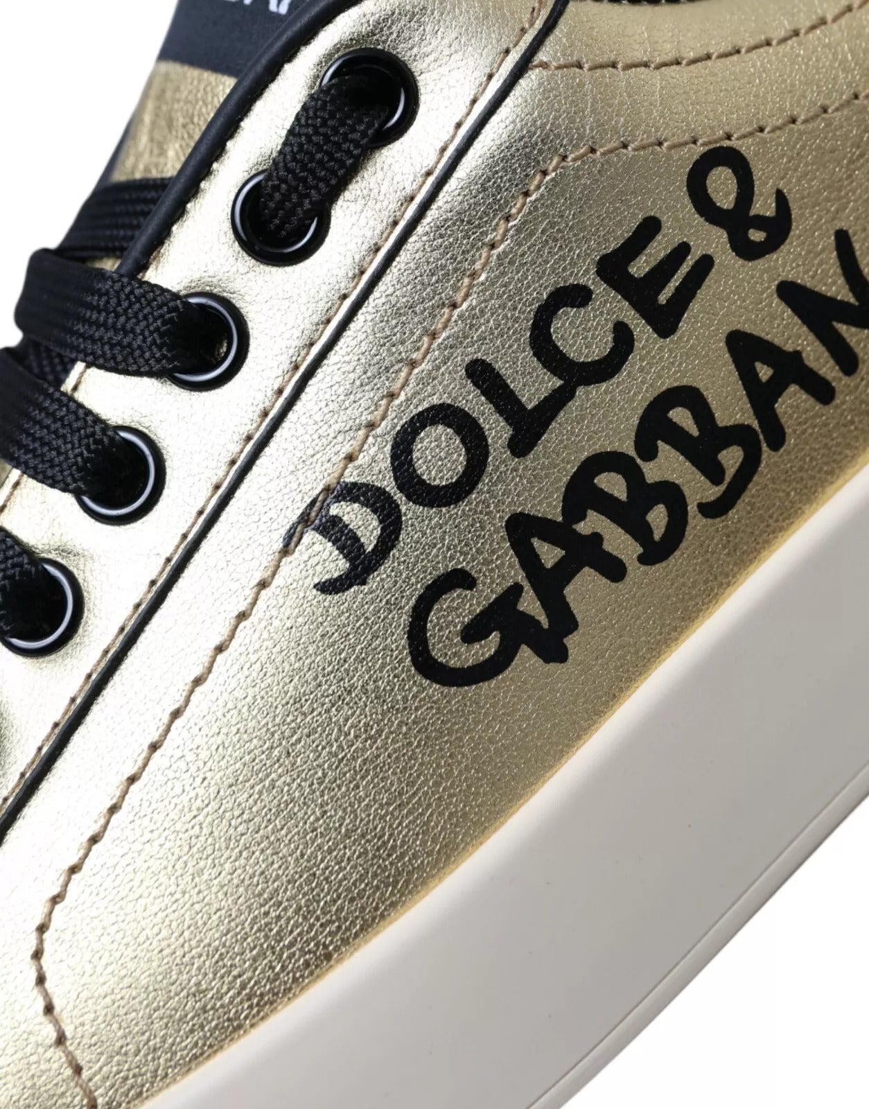 Dolce & Gabbana Gold Portofino Calf Leather Low Top Sneakers Shoes