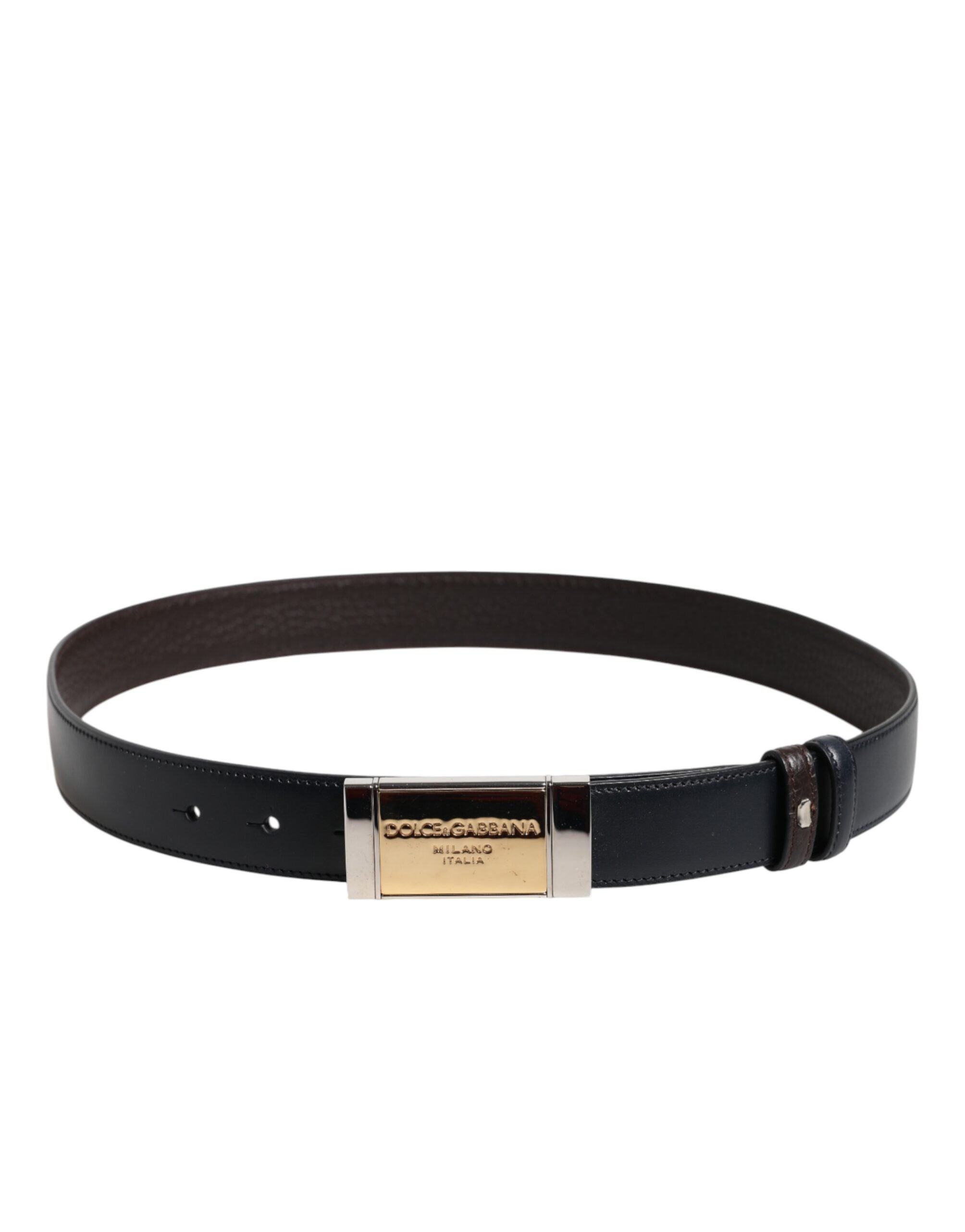 Dolce & Gabbana Black Blue Leather Gold Buckle Reversible Belt