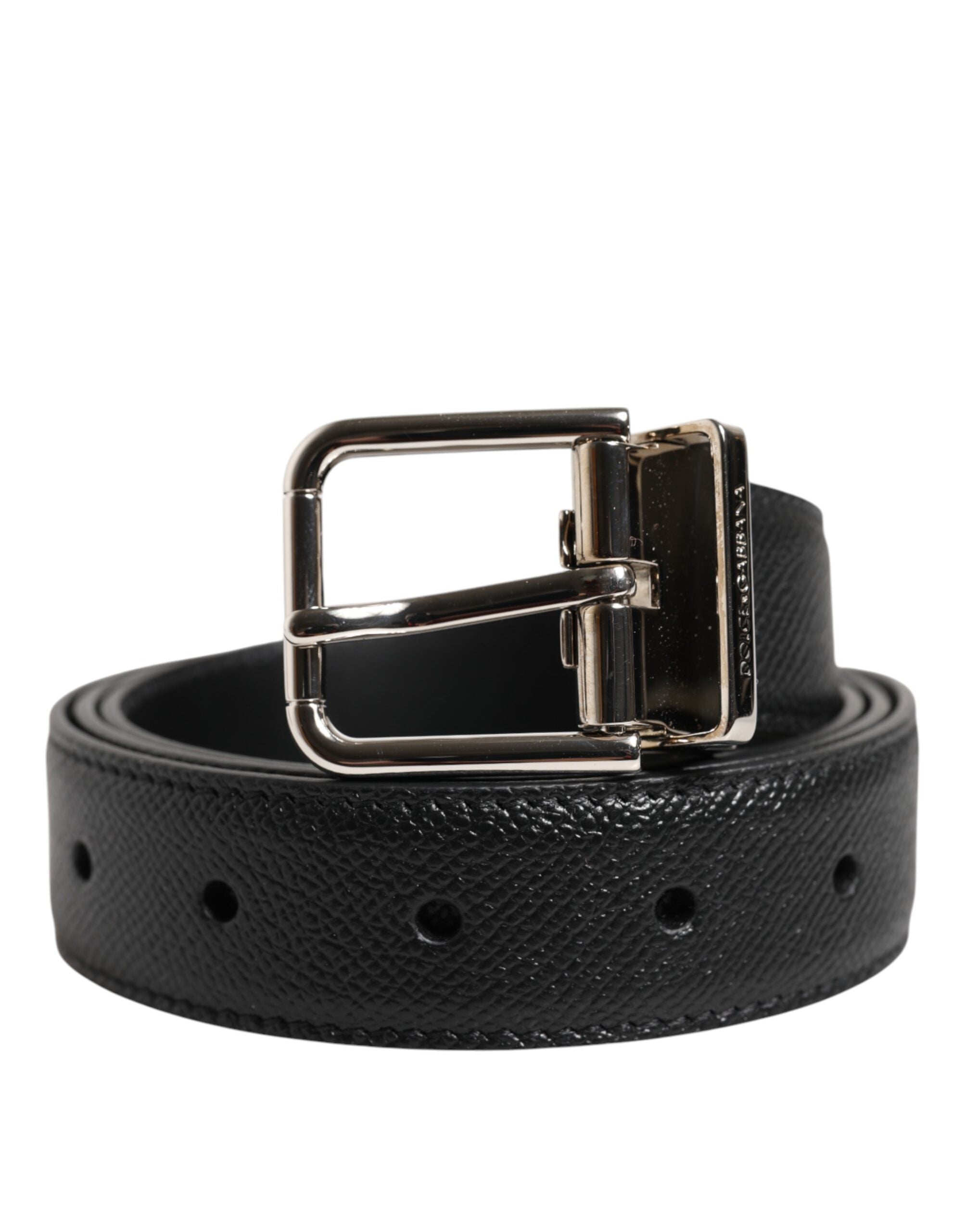 Dolce & Gabbana Black Calf Leather Silver Metal Buckle Belt