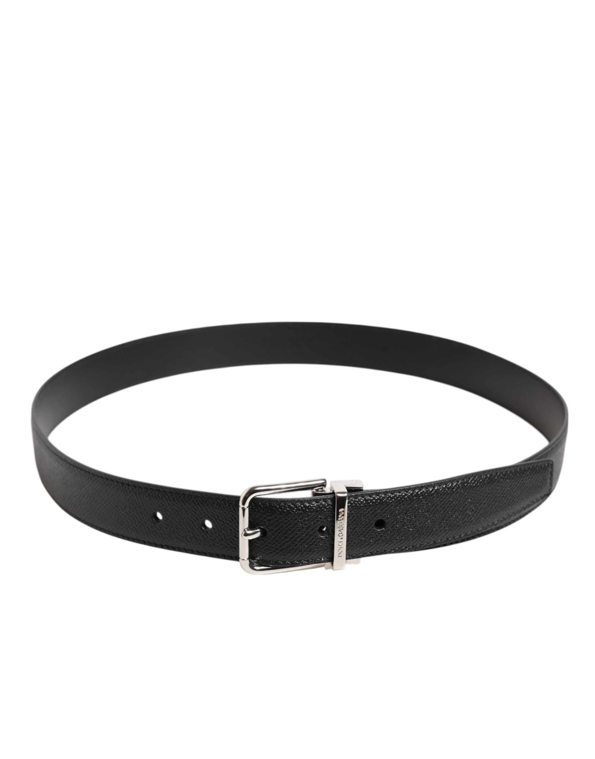 Dolce & Gabbana Black Calf Leather Silver Metal Buckle Belt