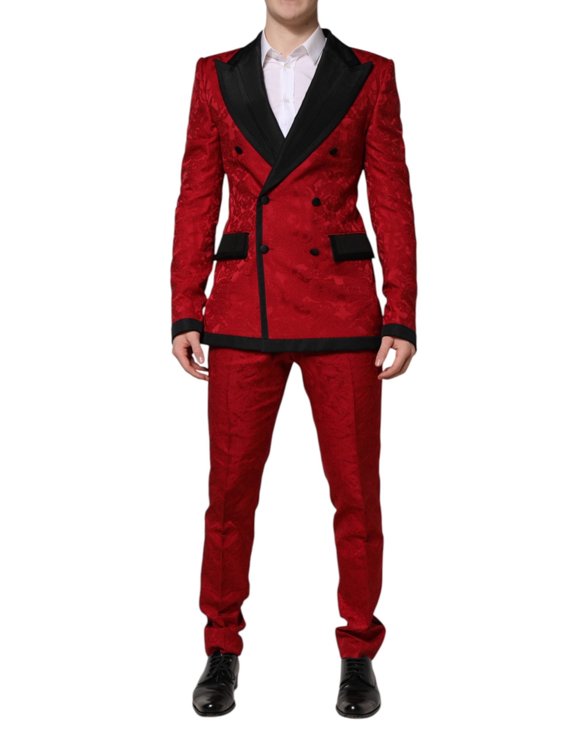 Dolce & Gabbana Red Floral Jacquard Double Breasted 2 Pc Suit