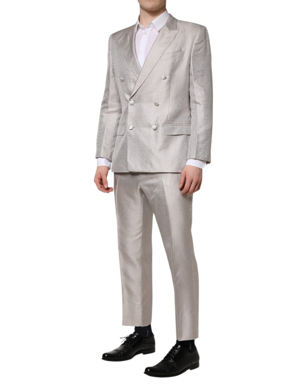 Dolce & Gabbana Light Gray Jacquard Silk Dotted 2 Piece Suit