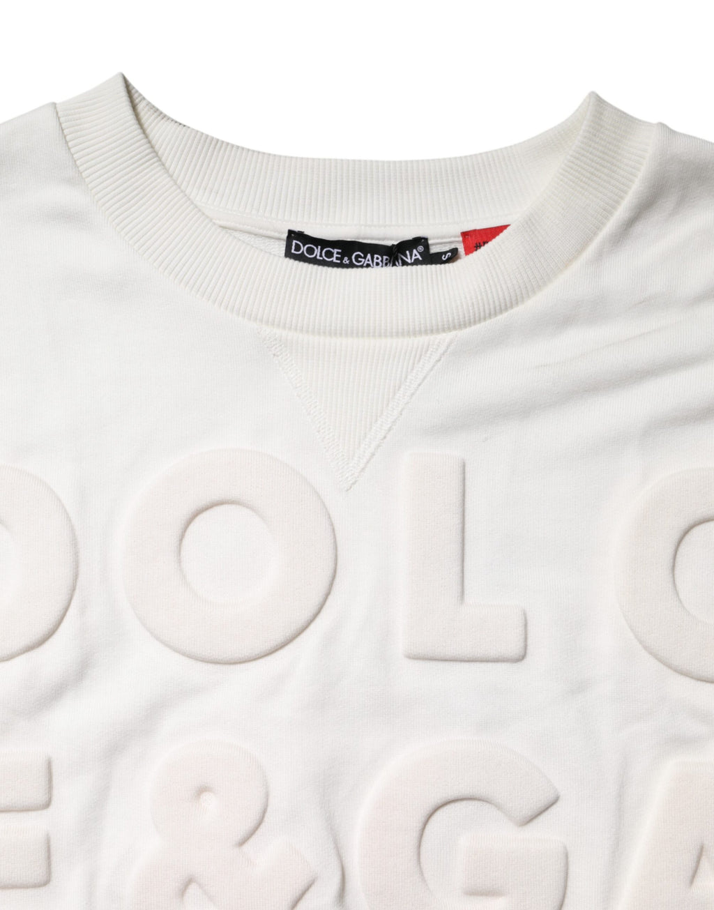 Dolce & Gabbana White Embossed Logo Cotton Crew Neck Sweater