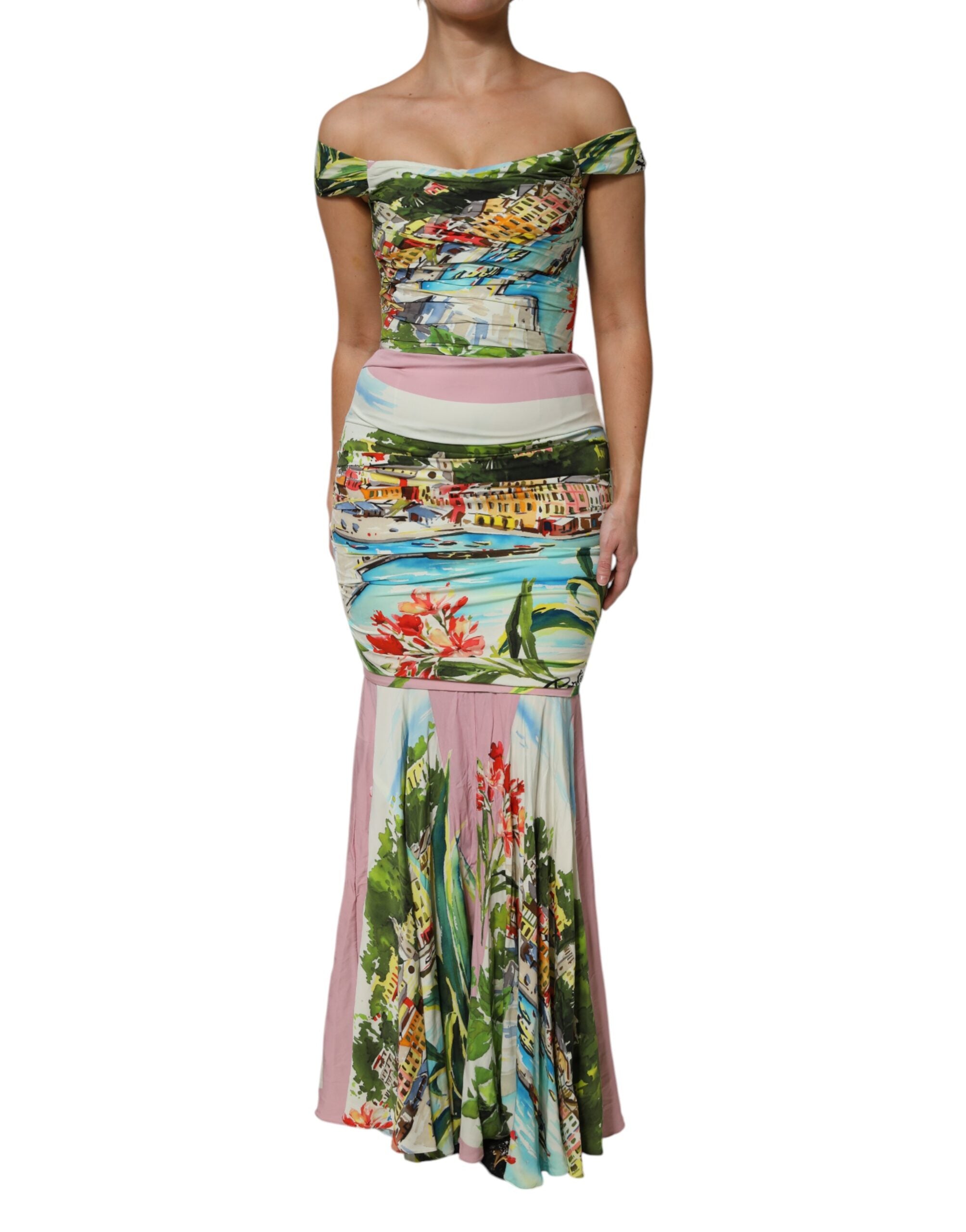 Dolce & Gabbana Multicolor Off Shoulder Long Sheath Dress