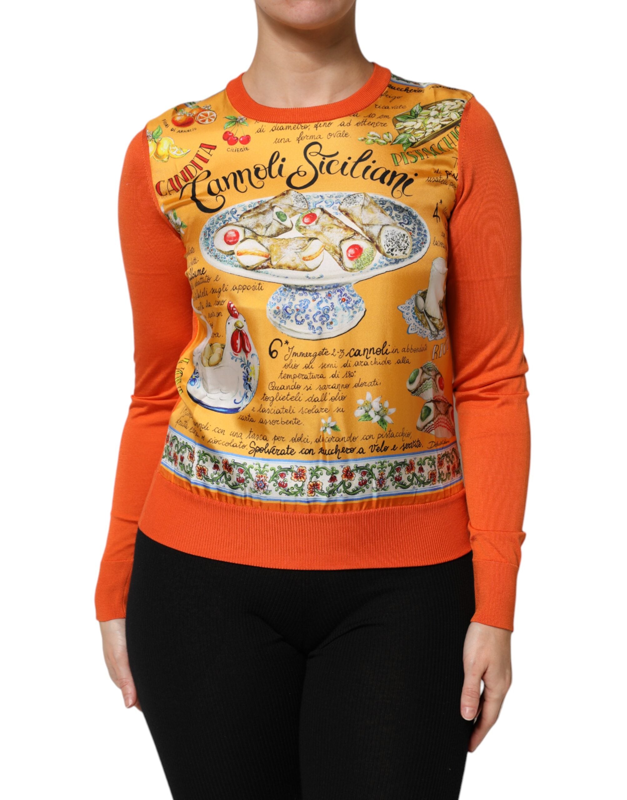 Dolce & Gabbana Orange Cannoli Sicilian Silk Crew Neck Top