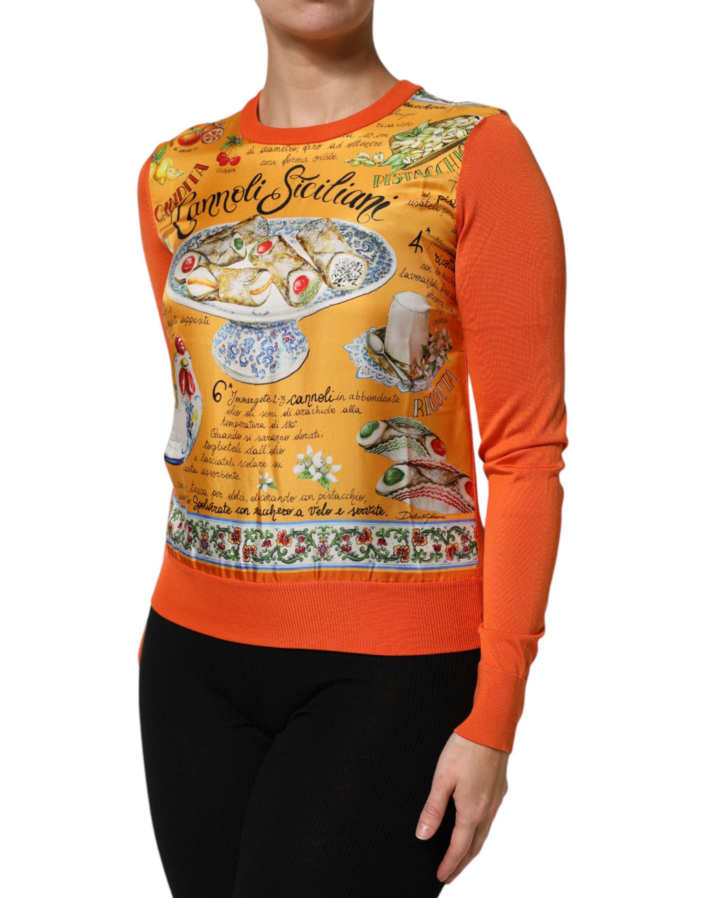 Dolce & Gabbana Orange Cannoli Sicilian Silk Crew Neck Top