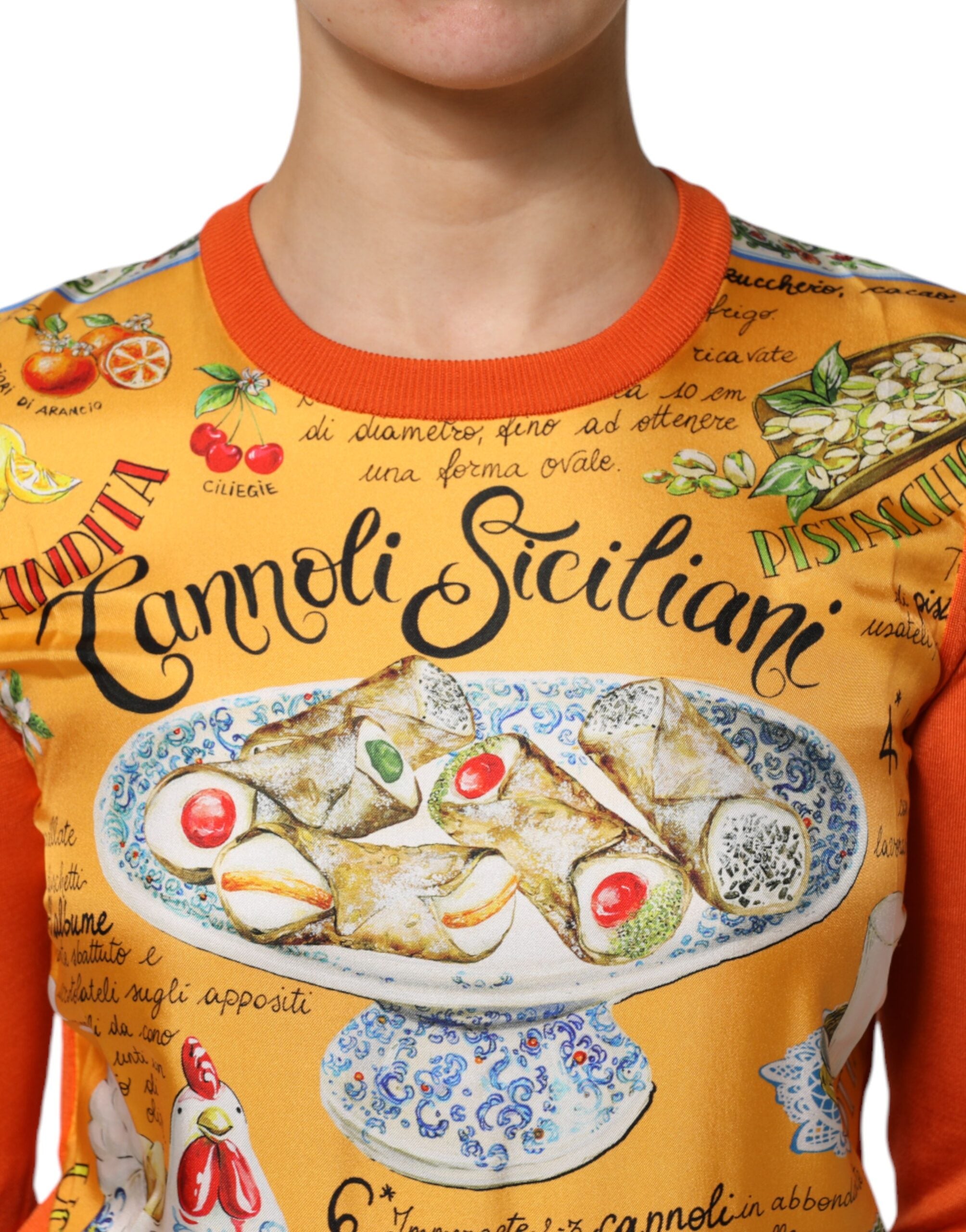 Dolce & Gabbana Orange Cannoli Sicilian Silk Crew Neck Top