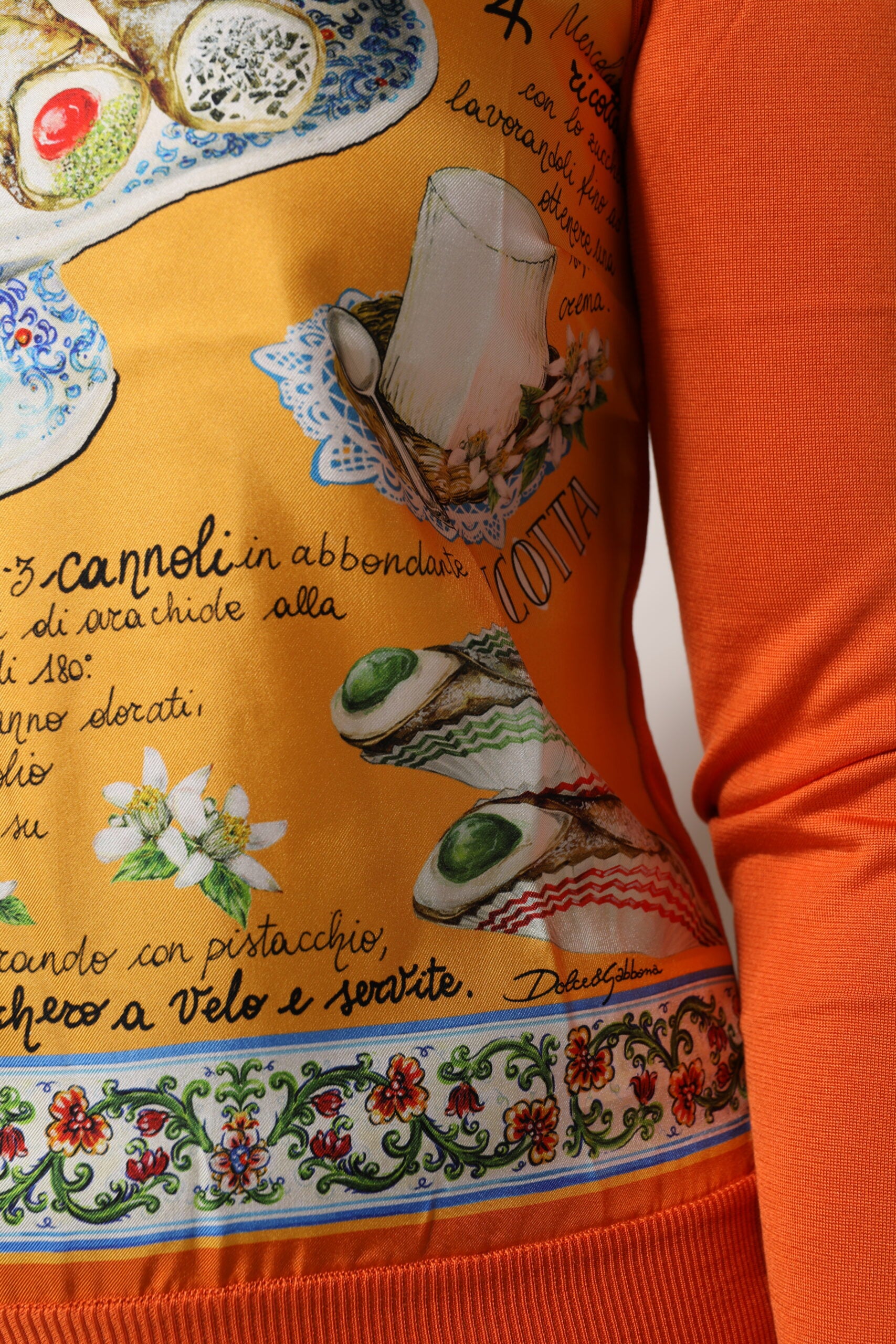 Dolce & Gabbana Orange Cannoli Sicilian Silk Crew Neck Top