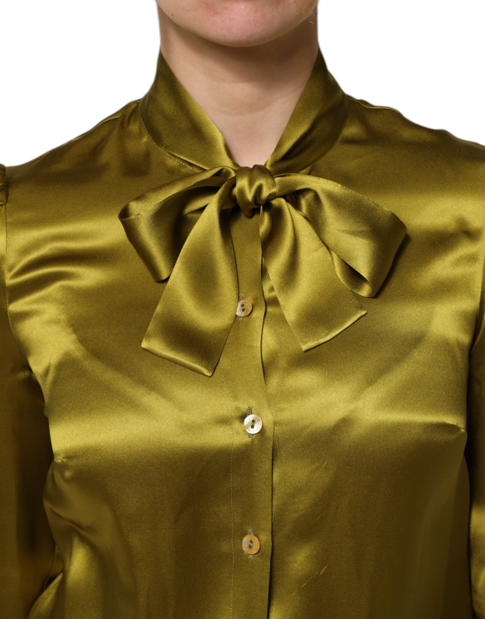 Dolce & Gabbana Green Ascot Collar Long Sleeves Blouse Top