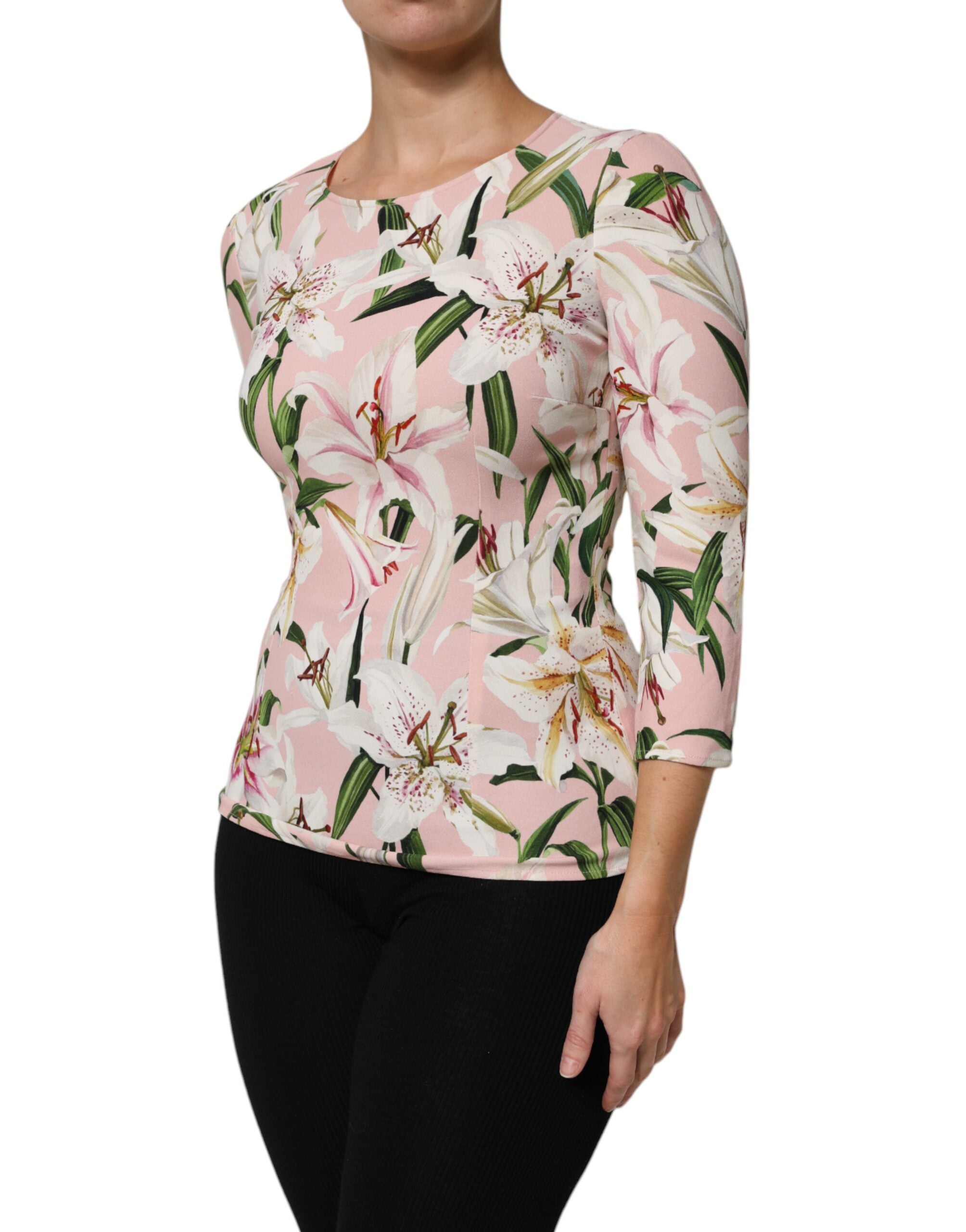 Dolce & Gabbana Pink Lily Print Viscose Round Neck Blouse Top