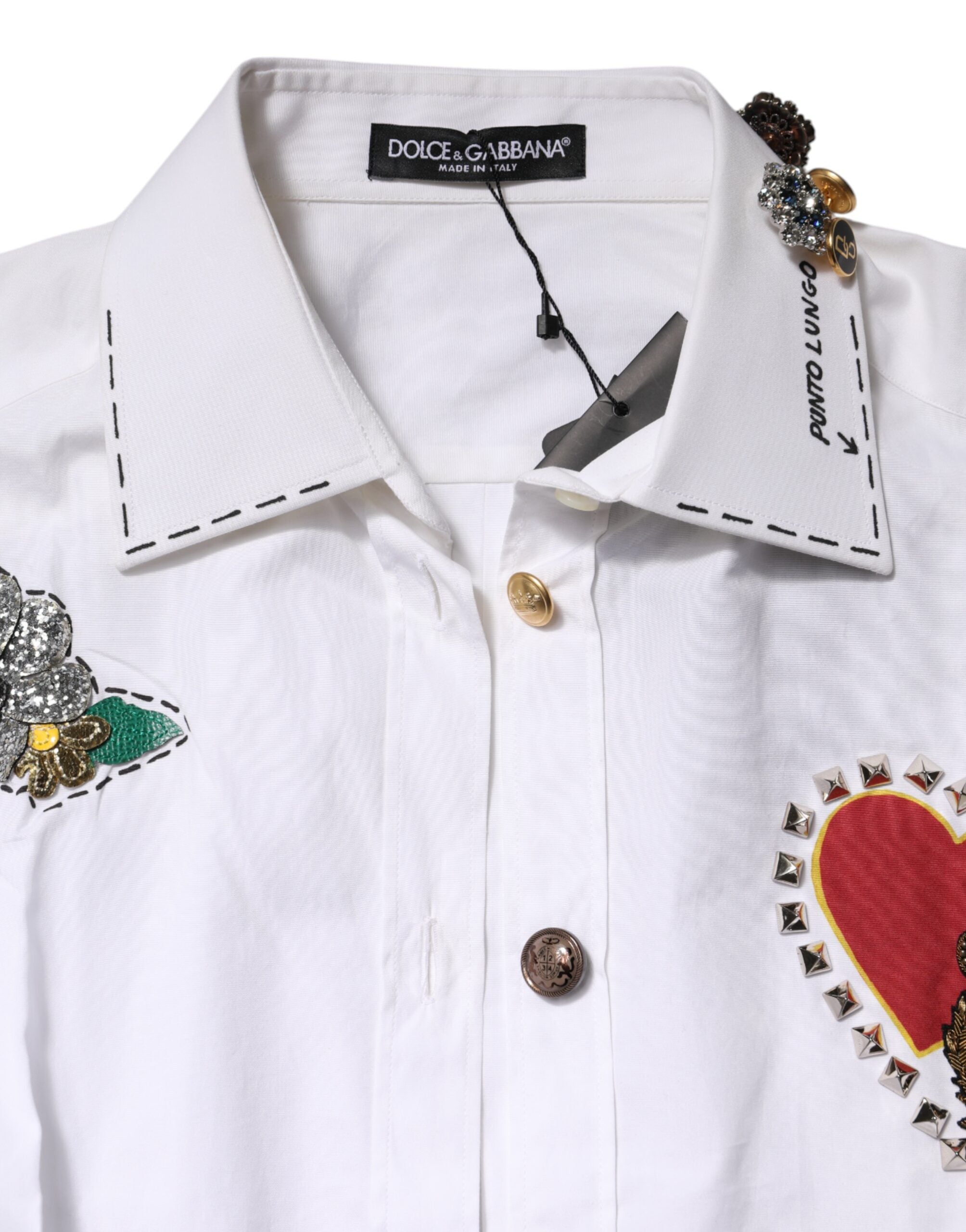 Dolce & Gabbana White Cotton Floral Embellished Shirt Top