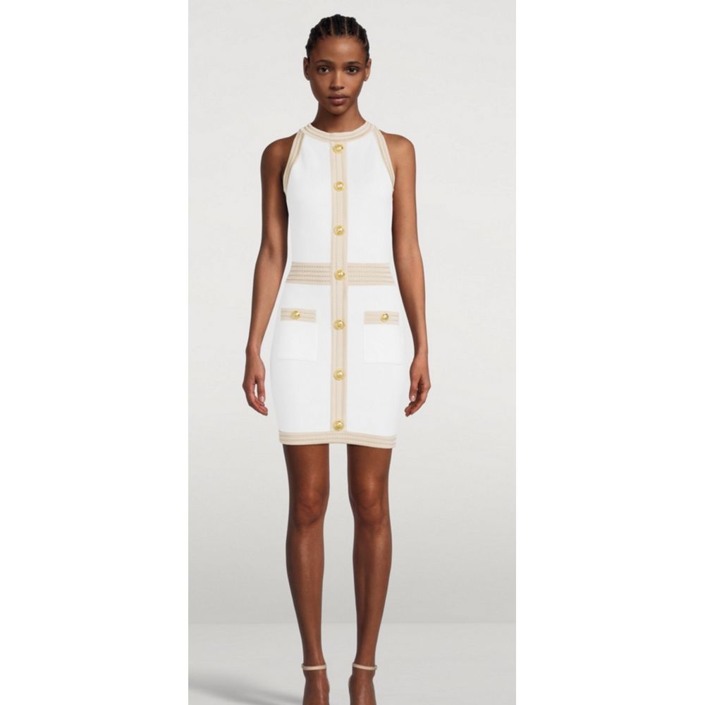 Balmain White Viscose Women Dress with Faux Gold Buttons