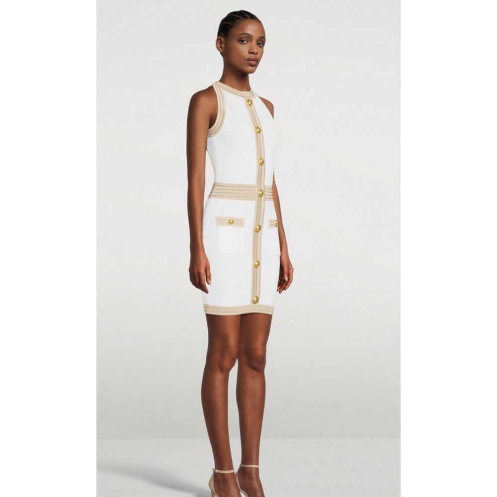 Balmain White Viscose Women Dress with Faux Gold Buttons