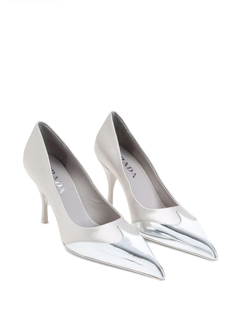 Prada Satin And Metallic Silver Leather Pumps