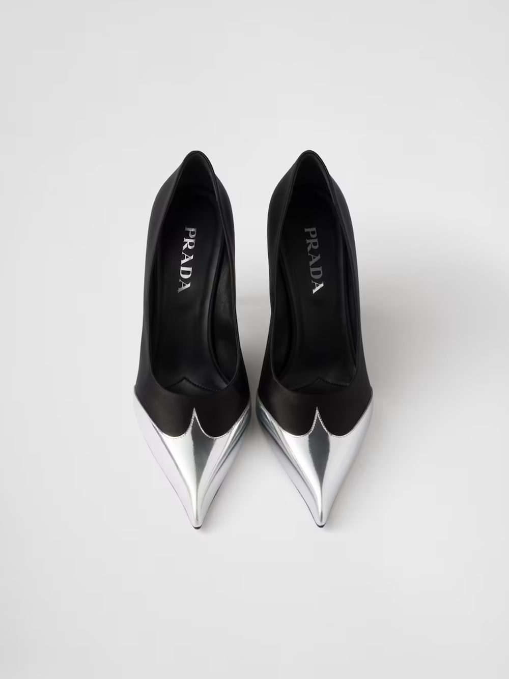 Prada Black Satin And Metallic Silver Leather Pumps