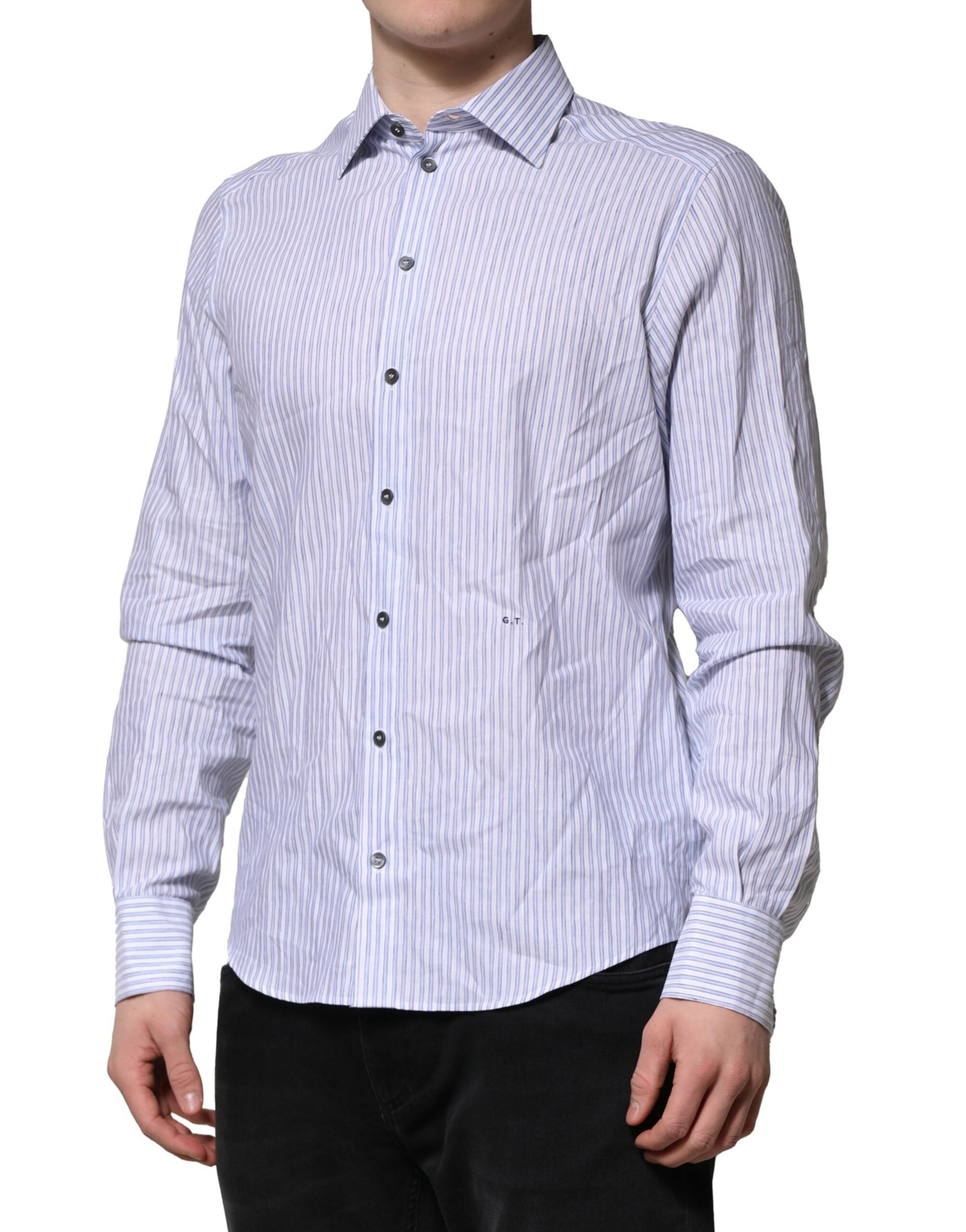 Dolce & Gabbana White Blue Striped Cotton Dress Formal Shirt