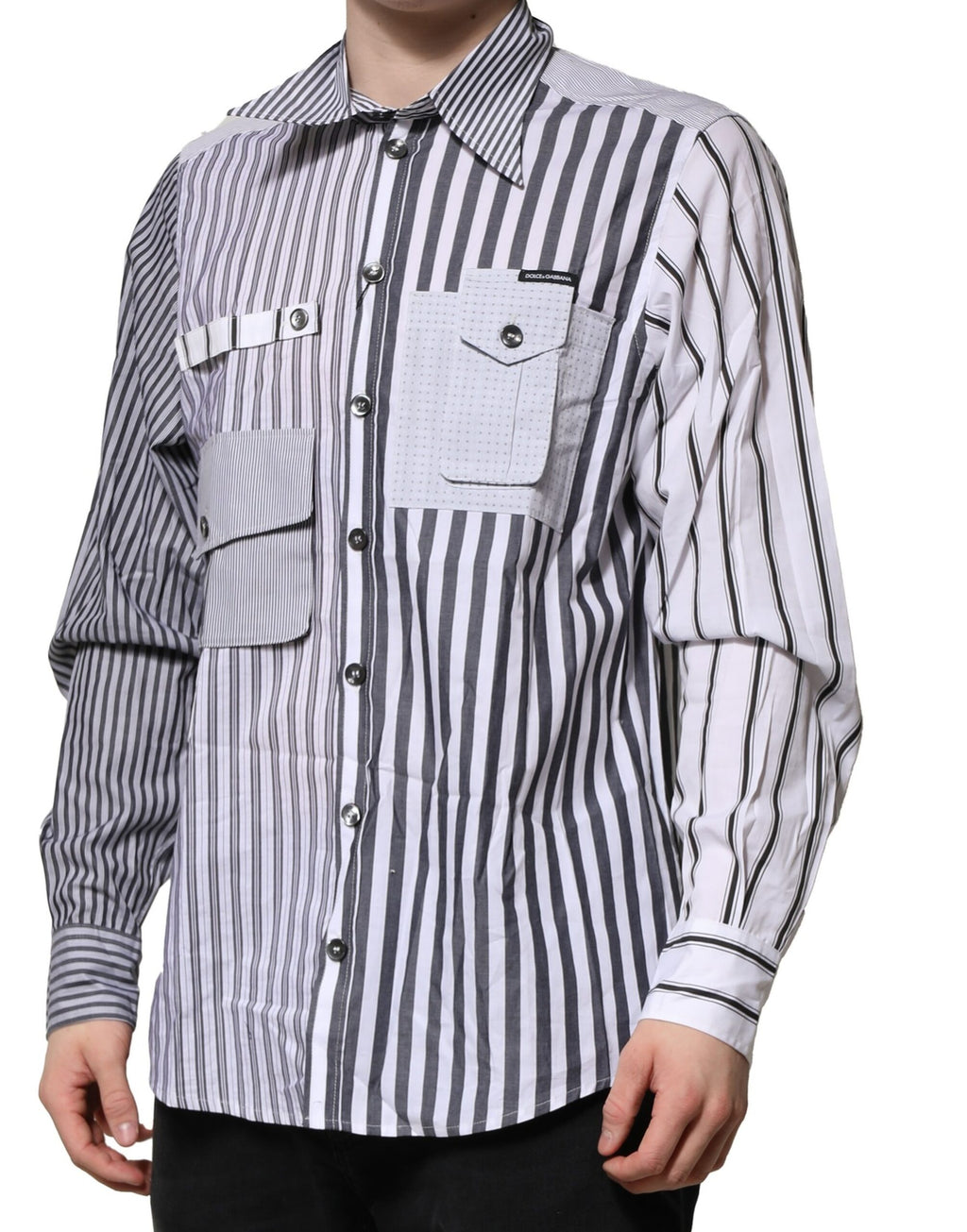 Dolce & Gabbana White Gray Striped Cotton Men Casual Shirt