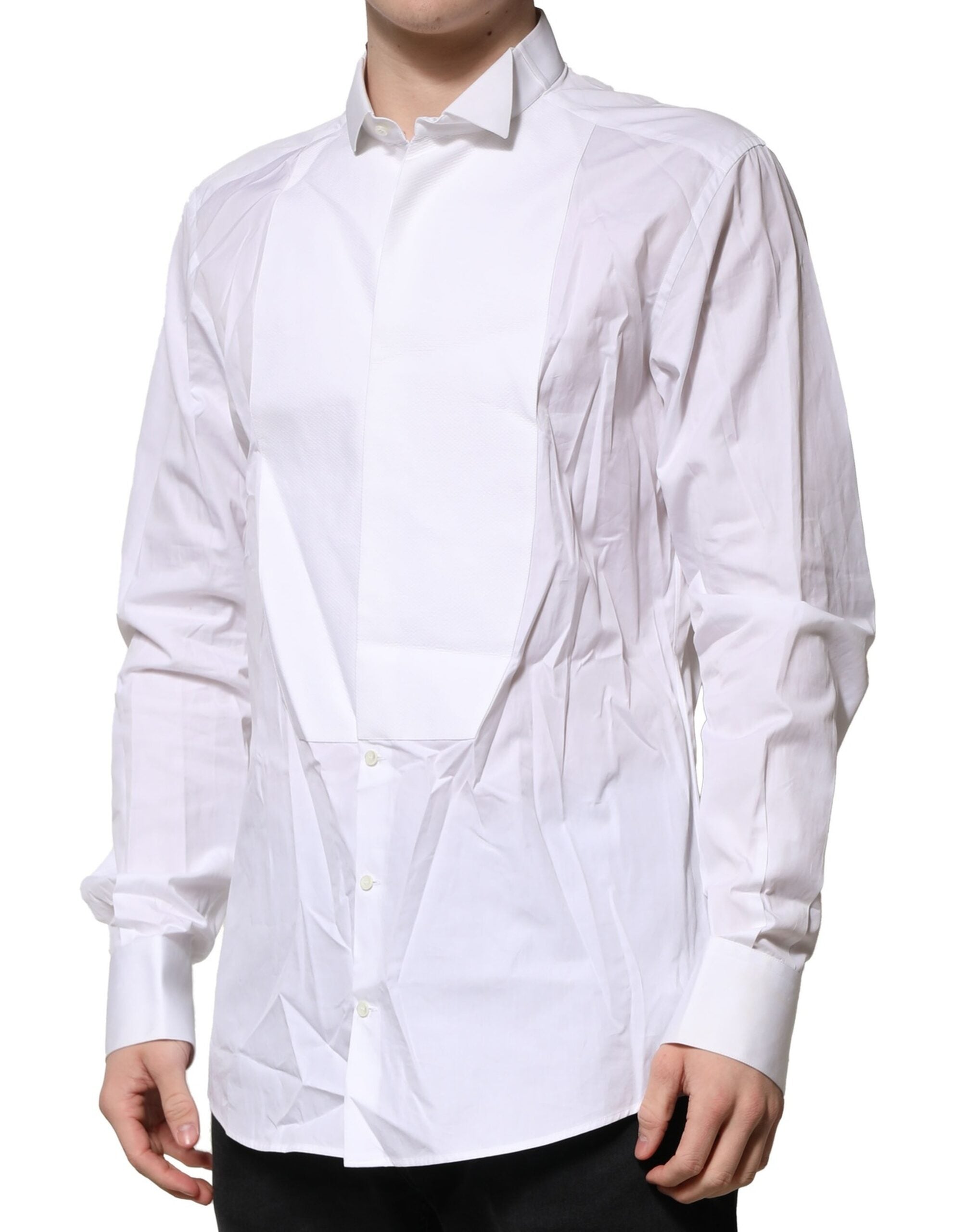 Dolce & Gabbana White GOLD Bib Poplin Dress Men Formal Shirt