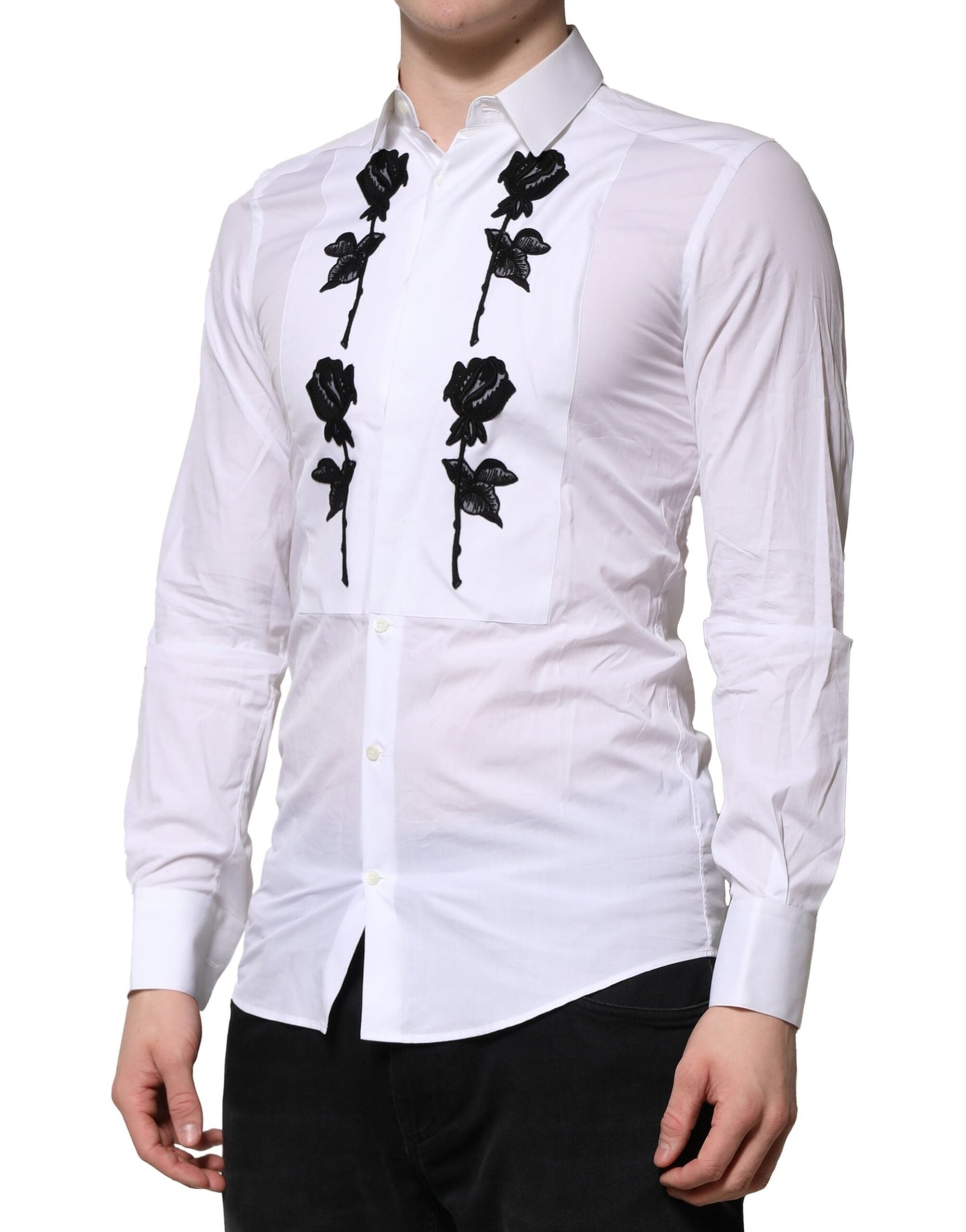Dolce & Gabbana White Floral Embroidery Men GOLD Formal Shirt