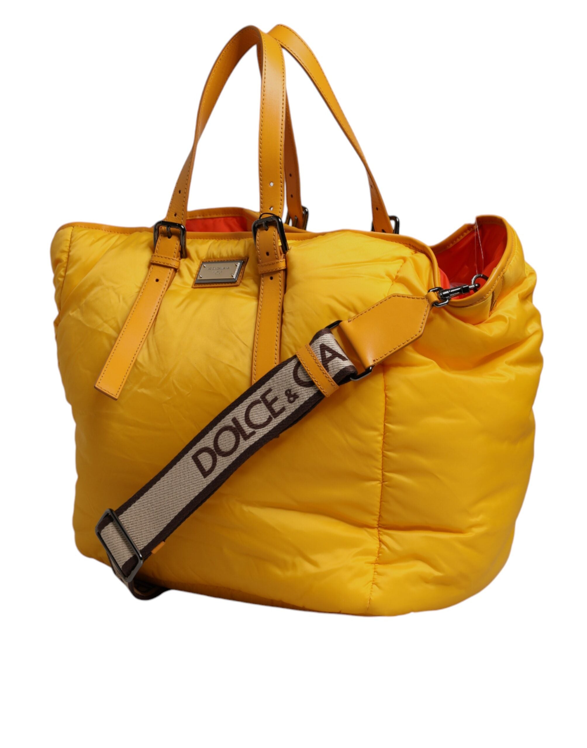 Dolce & Gabbana Yellow Orange Nylon Logo Plaque Hand Shoulder Tote Bag