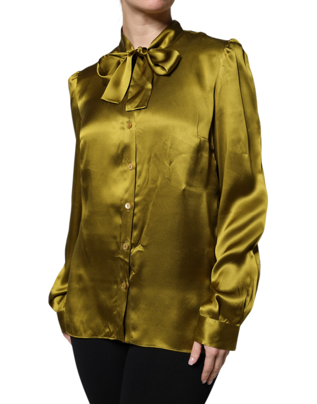 Dolce & Gabbana Green Ascot Collar Long Sleeves Blouse Top