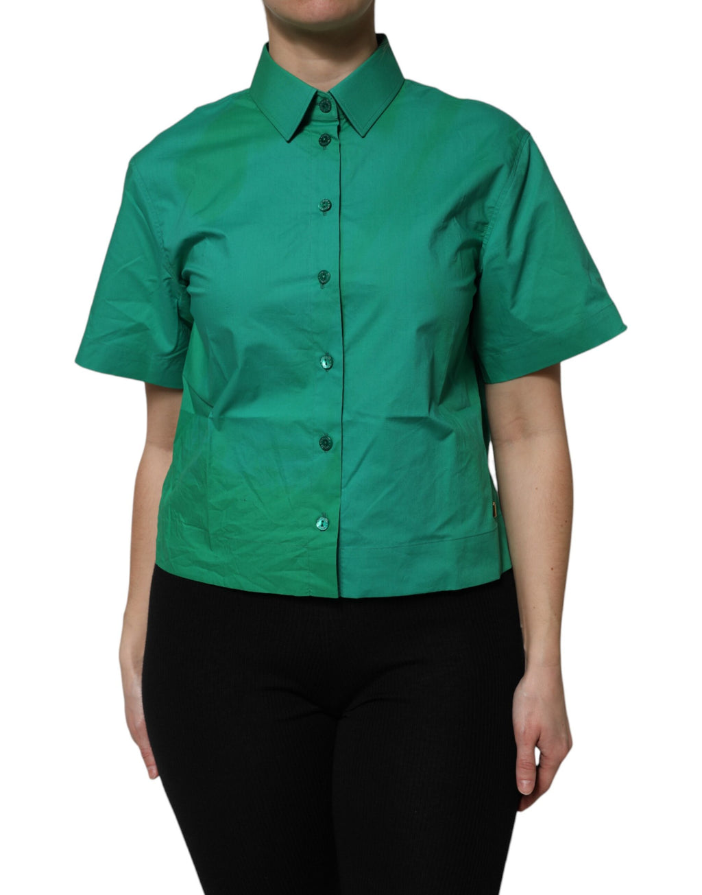 Dolce & Gabbana Green Collared Cotton Short Sleeves Blouse Top