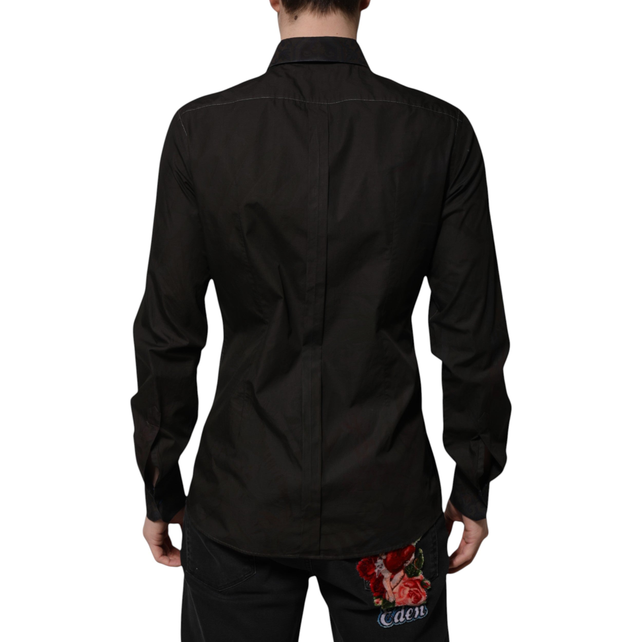 Dolce & Gabbana Black Cotton Jacquard GOLD Collar Dress Shirt