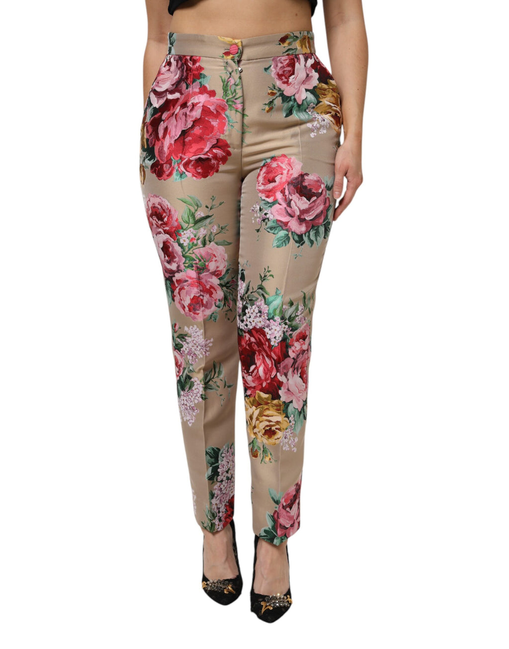 Dolce & Gabbana Beige Floral Print Women High Waist Pants
