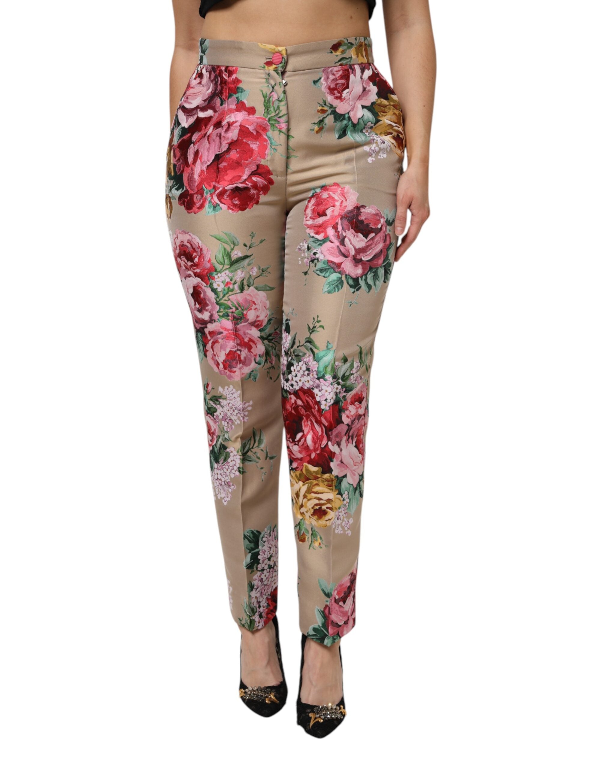 Dolce & Gabbana Beige Floral Print Women High Waist Pants