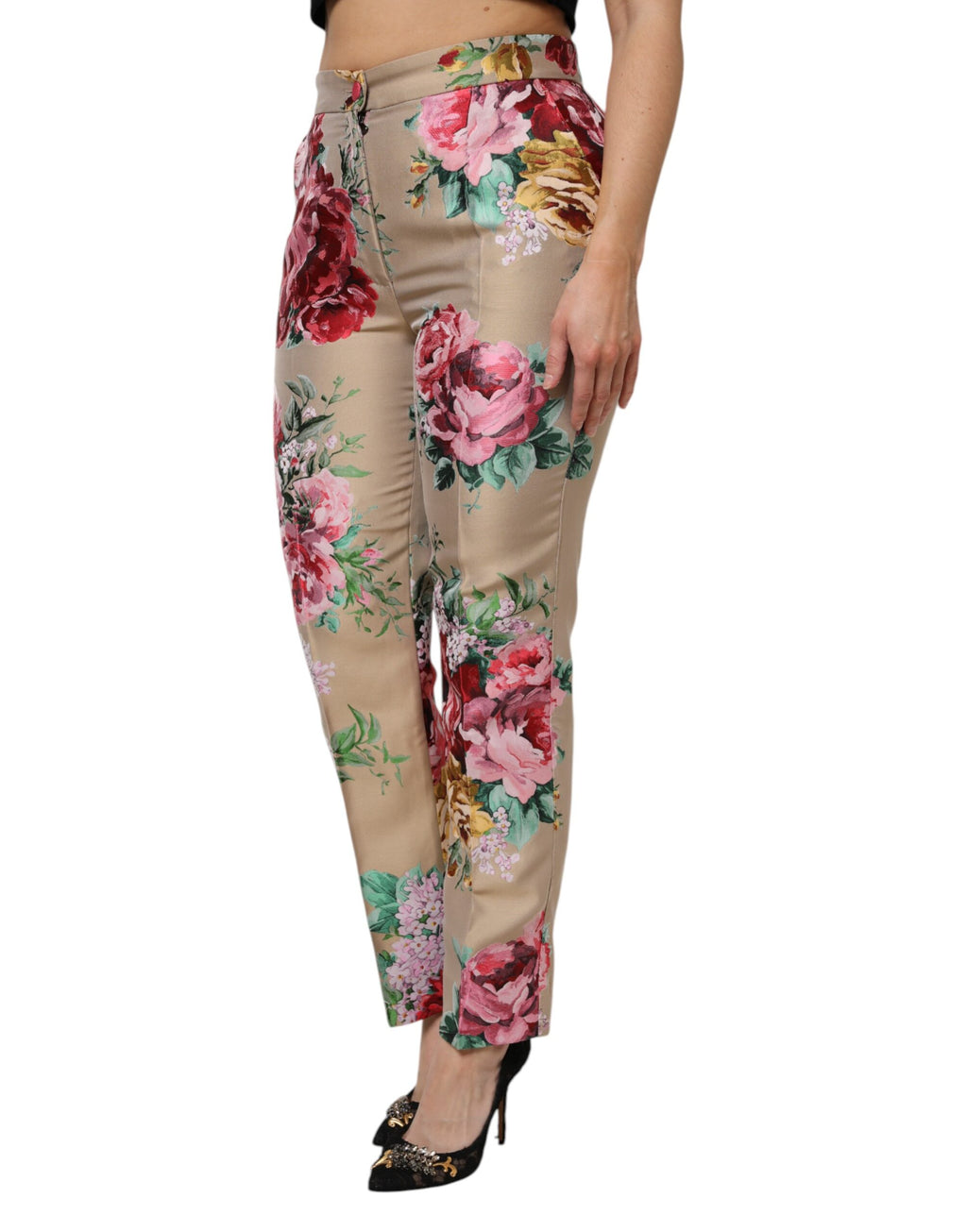 Dolce & Gabbana Beige Floral Print Women High Waist Pants