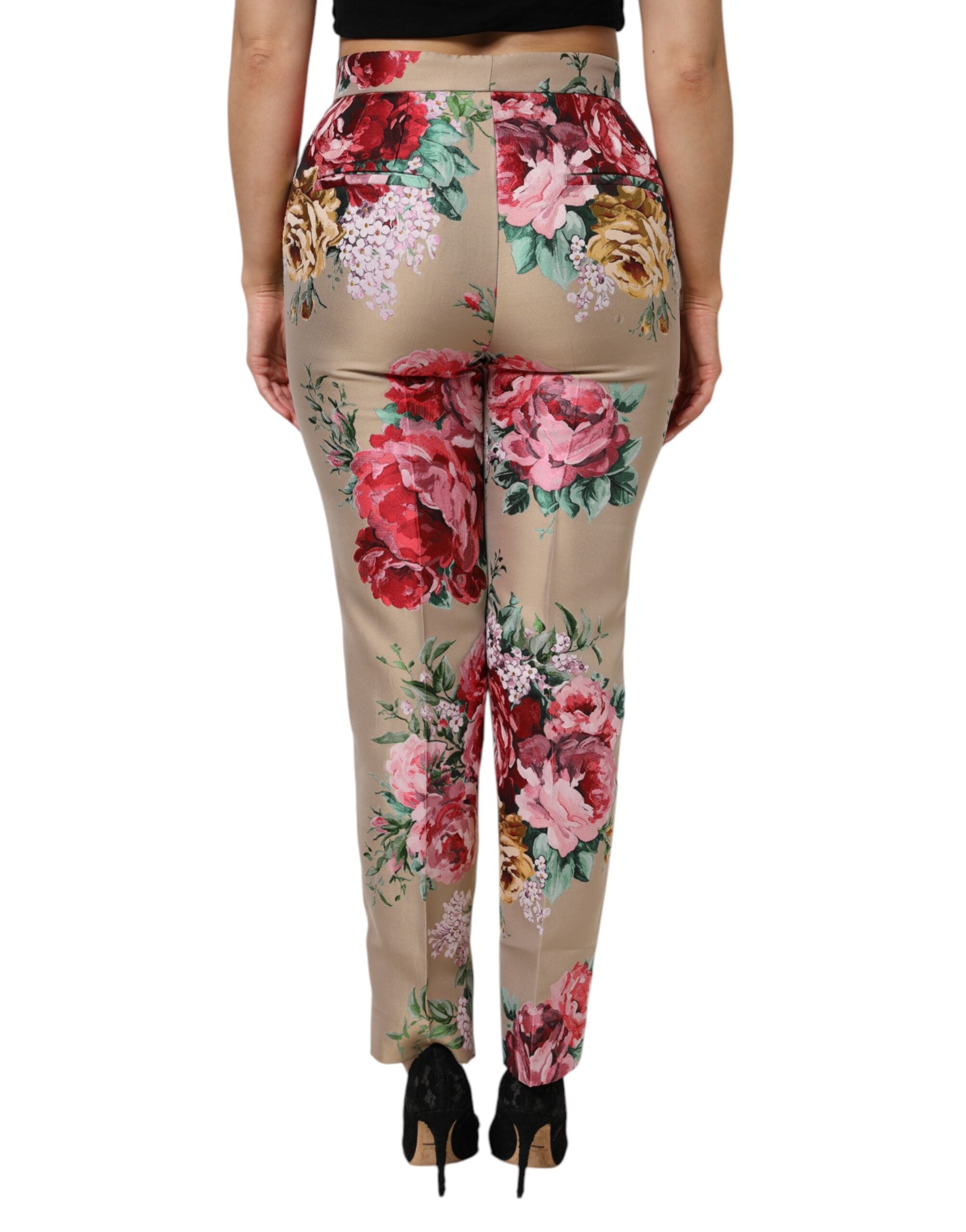 Dolce & Gabbana Beige Floral Print Women High Waist Pants