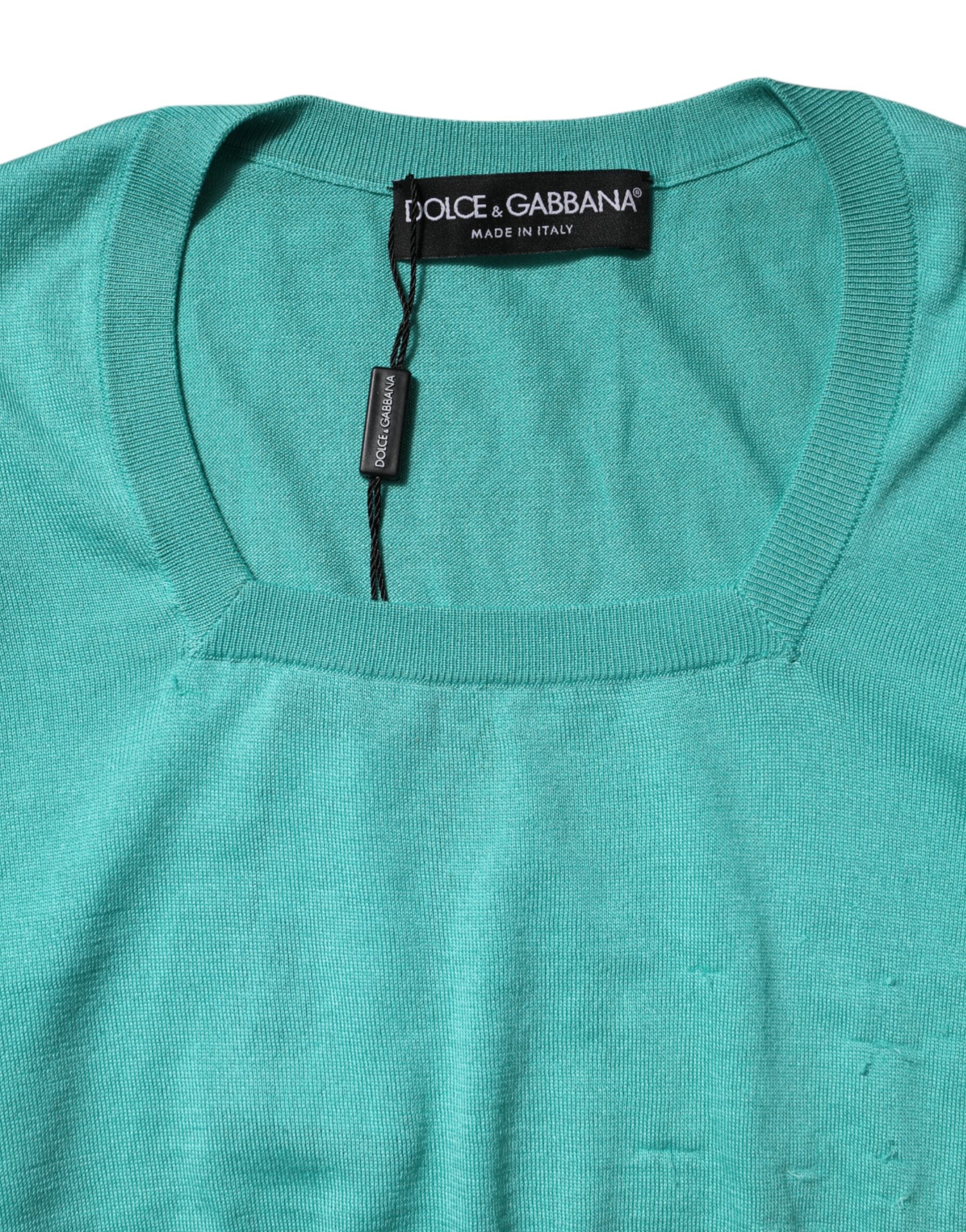 Dolce & Gabbana Aqua Blue Silk Short Sleeves Square Neck Top