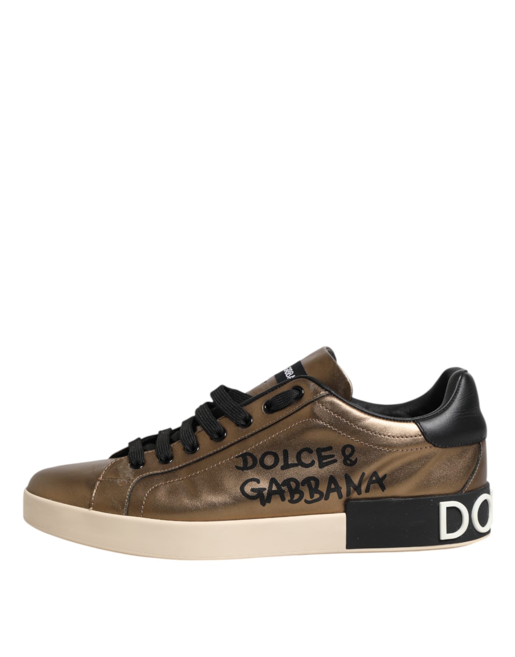 Dolce & Gabbana Gold Portofino Leather Low Top Sneakers Shoes