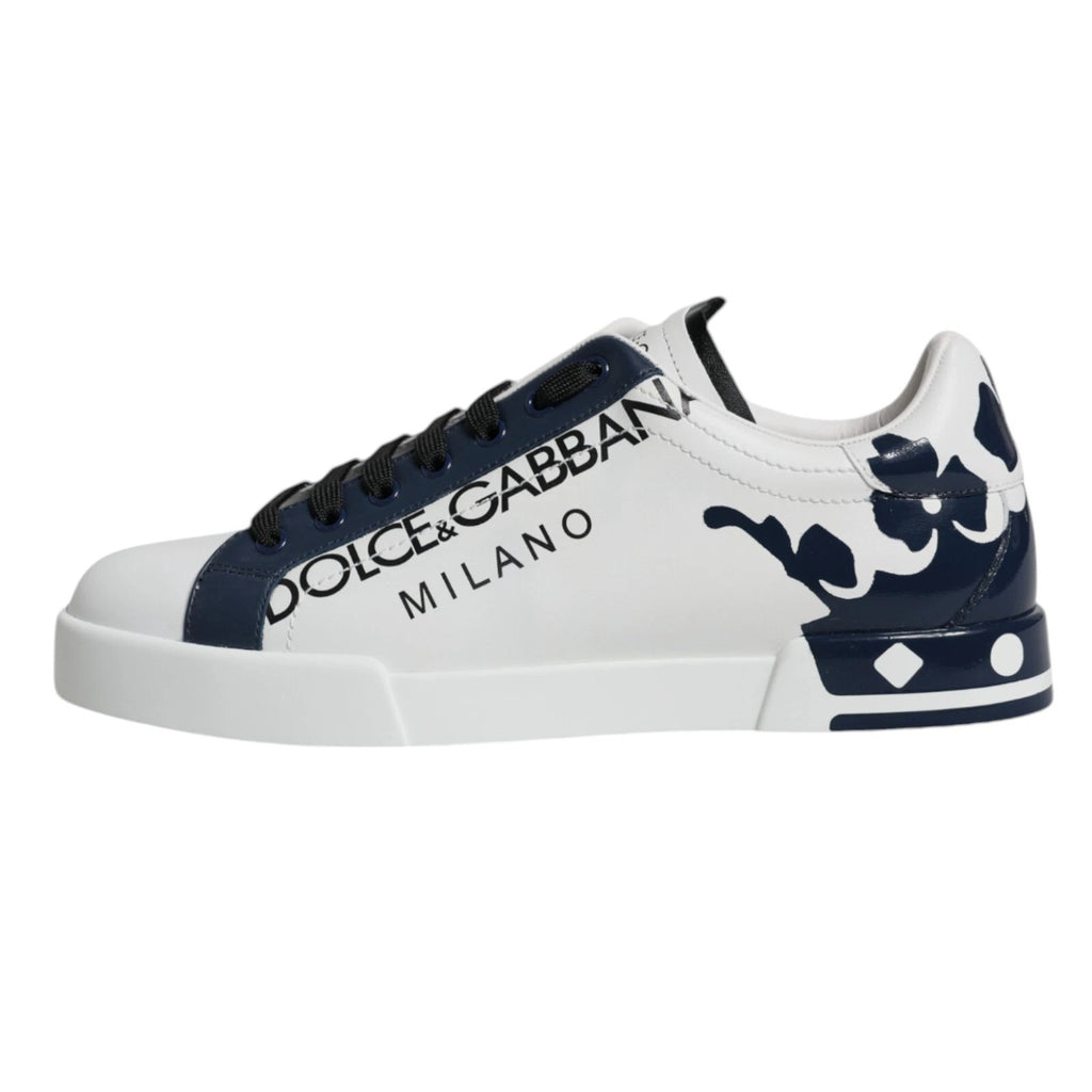 Dolce & Gabbana White Blue Leather Crown Milano Sneaker Shoes