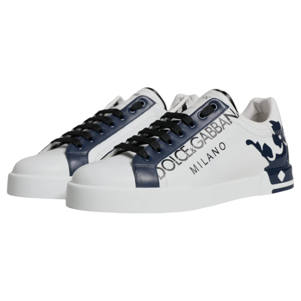 Dolce & Gabbana White Blue Leather Crown Milano Sneaker Shoes
