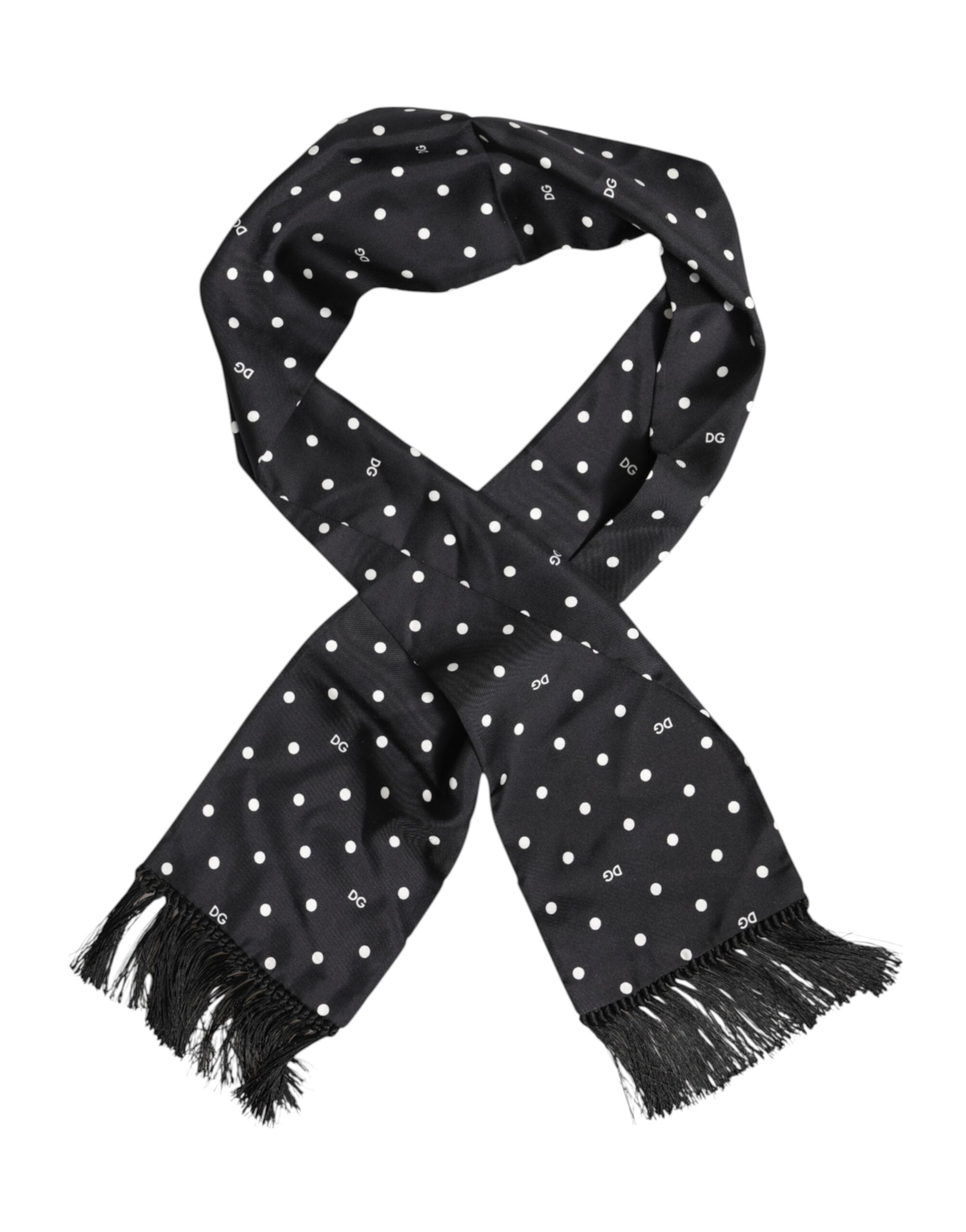 Dolce & Gabbana Black White Polka Dot Fringes Foulard Scarf