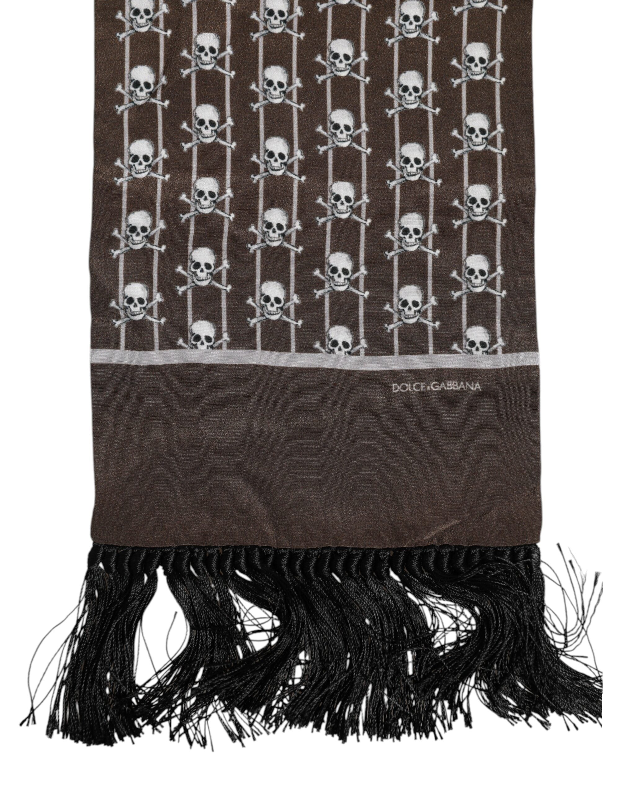 Dolce & Gabbana Brown Skulls Print Fringes Foulard Scarf