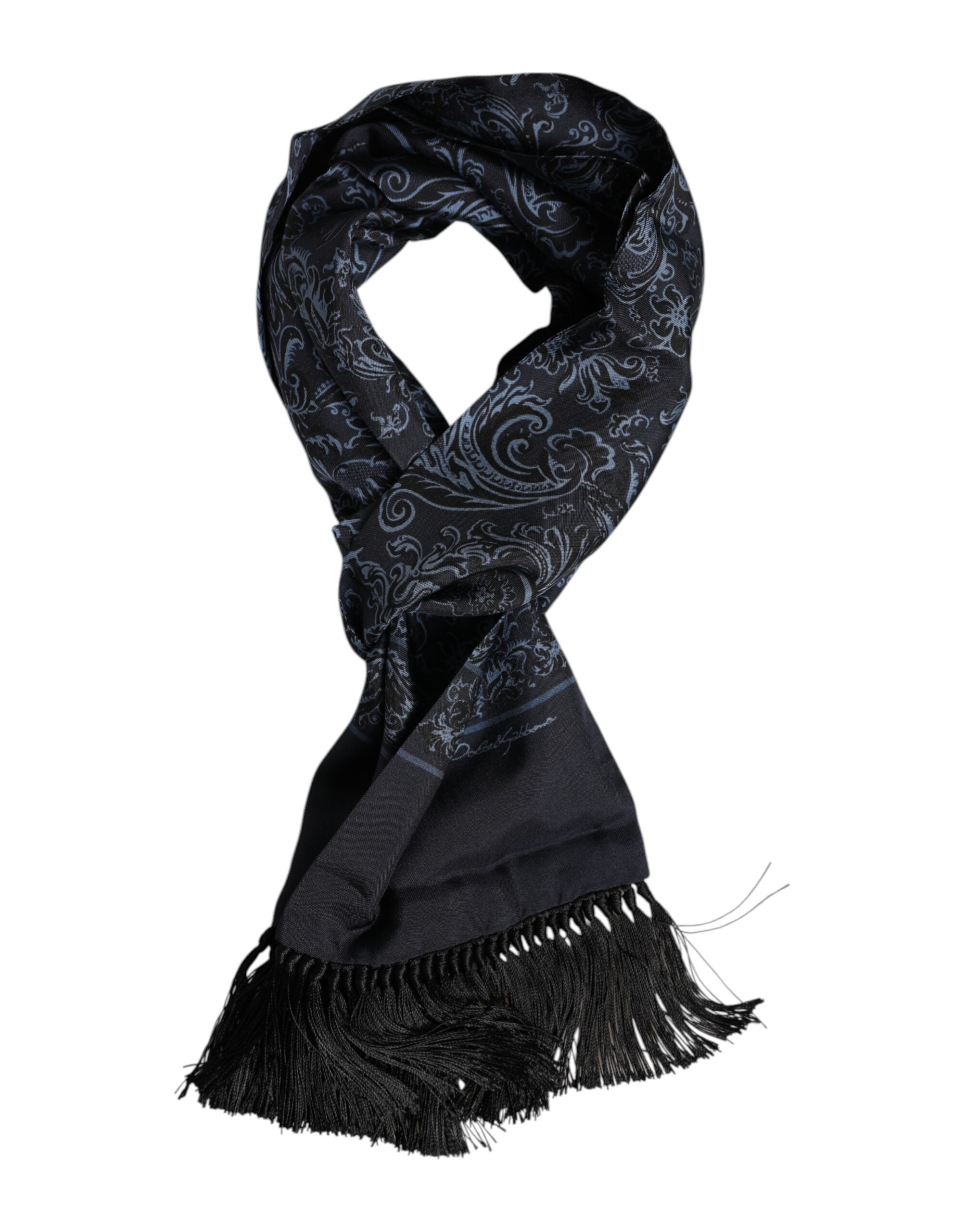 Dolce & Gabbana Blue Printed Silk Fringes Men Foulard Scarf