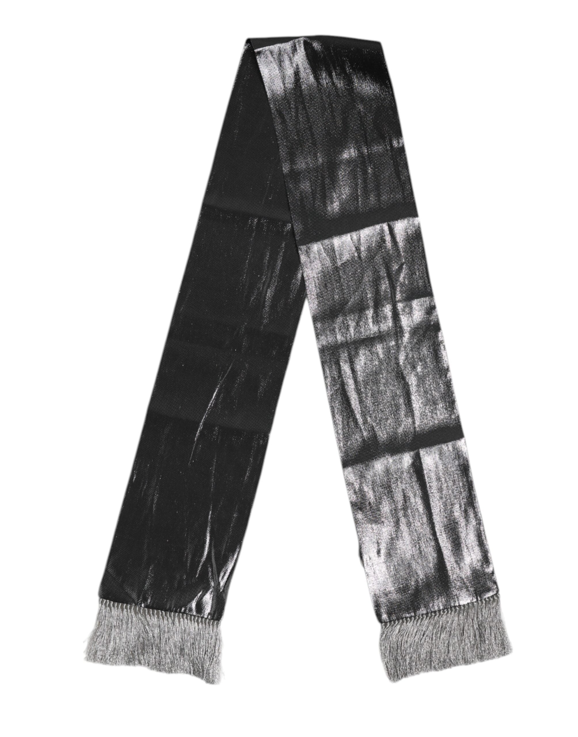 Dolce & Gabbana Metallic Gray Silk Fringes Foulard Scarf