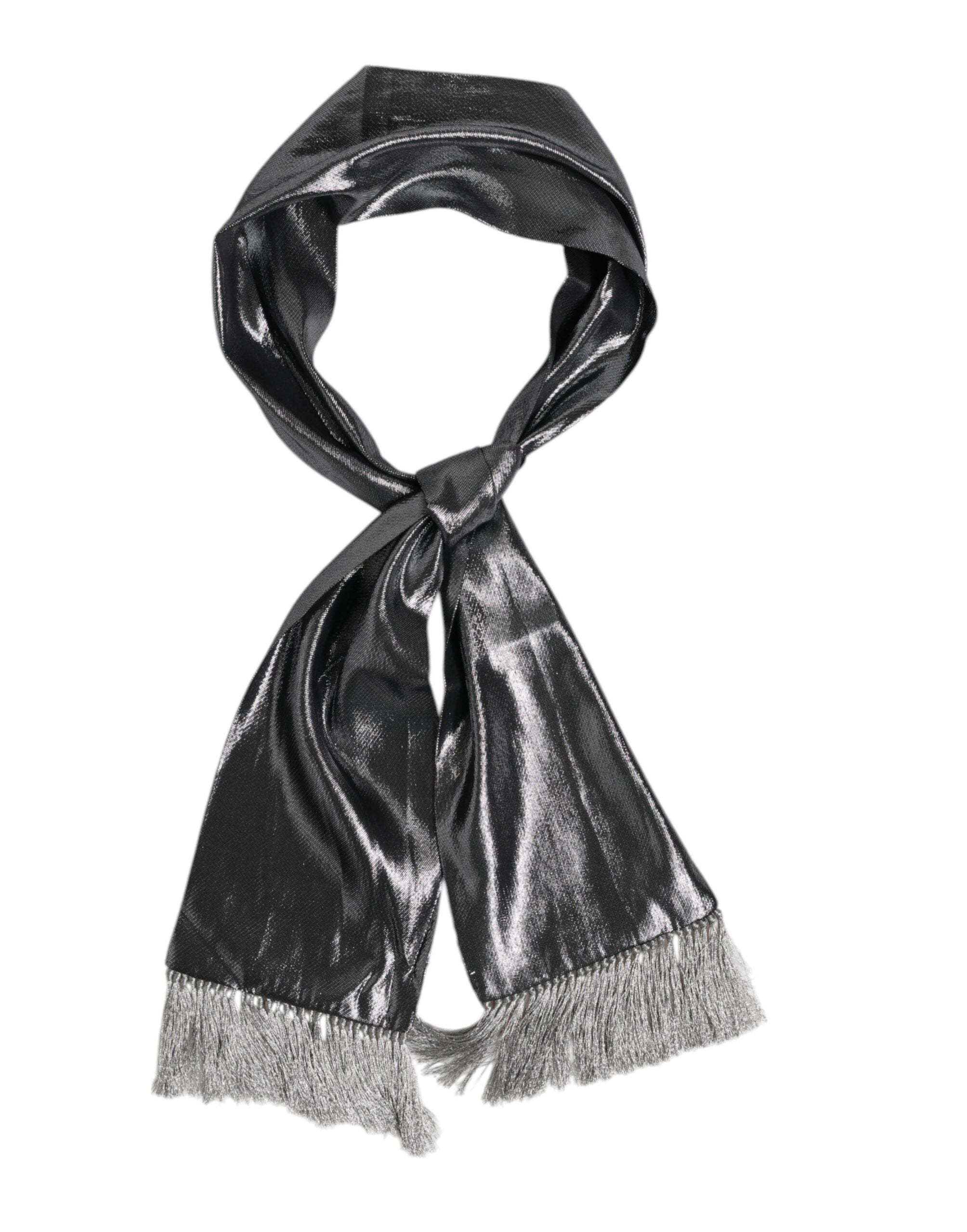 Dolce & Gabbana Metallic Gray Silk Fringes Foulard Scarf