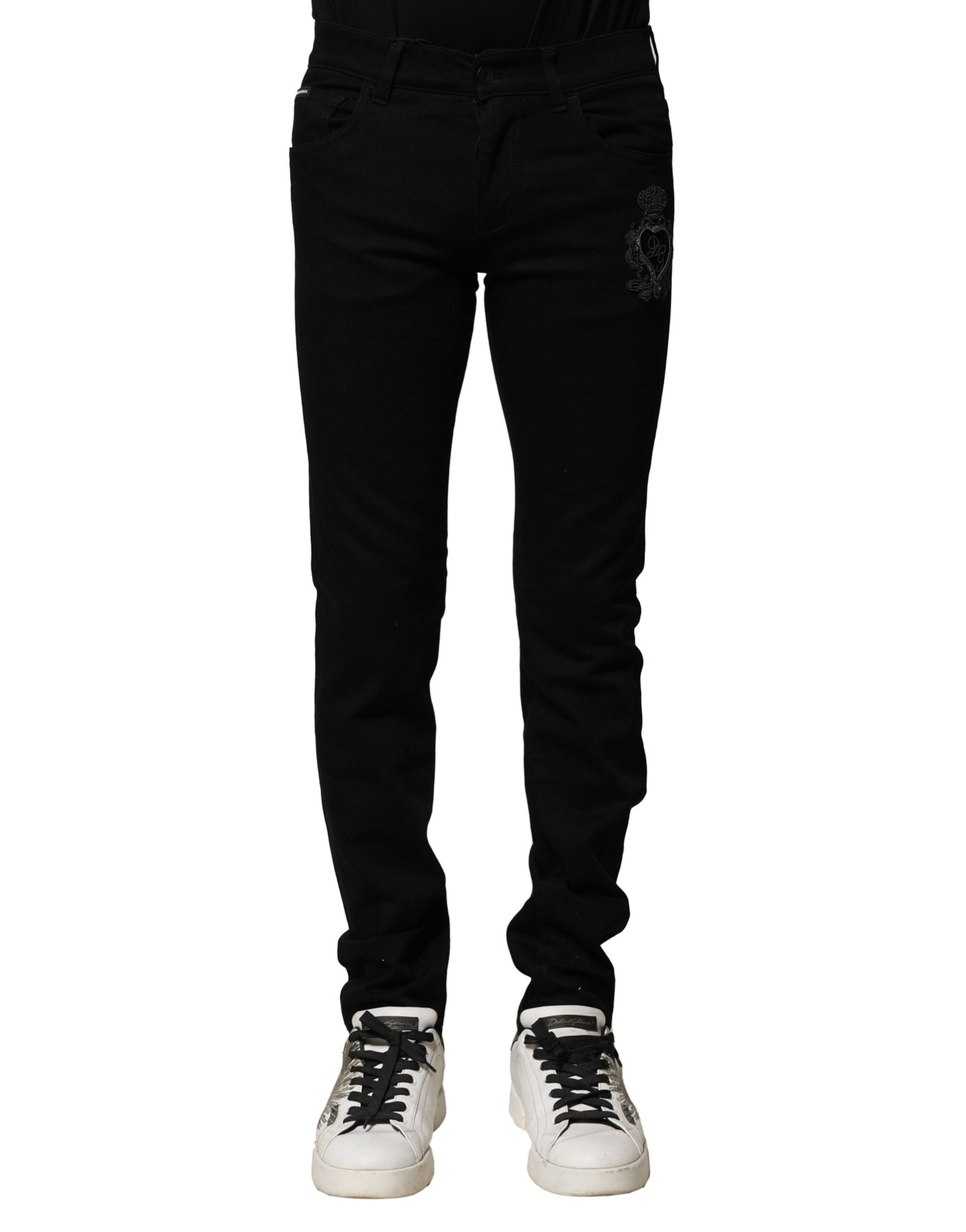 Dolce & Gabbana Black Cotton Embroidery Slim Fit Denim Jeans