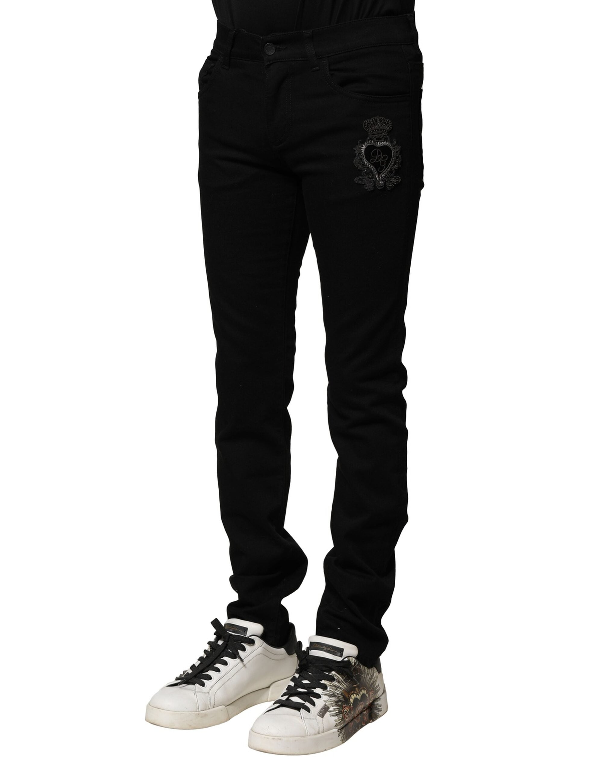 Dolce & Gabbana Black Cotton Embroidery Slim Fit Denim Jeans