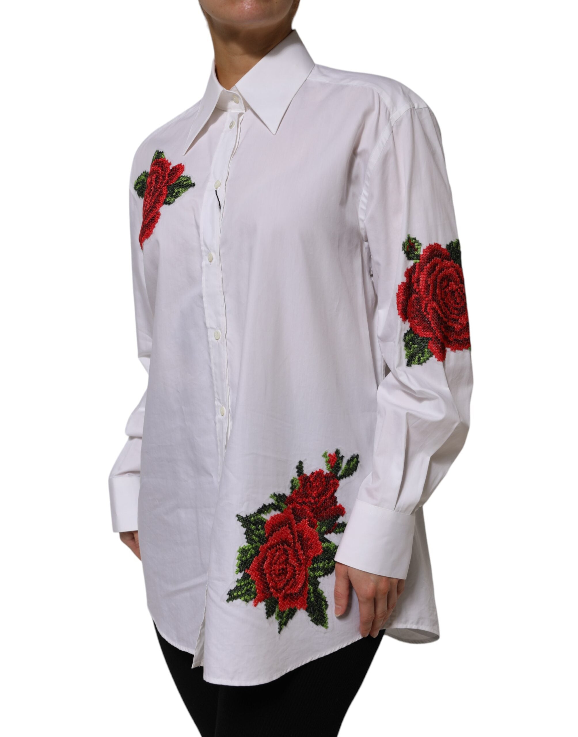 Dolce & Gabbana White Floral Cotton Collared Shirt Top