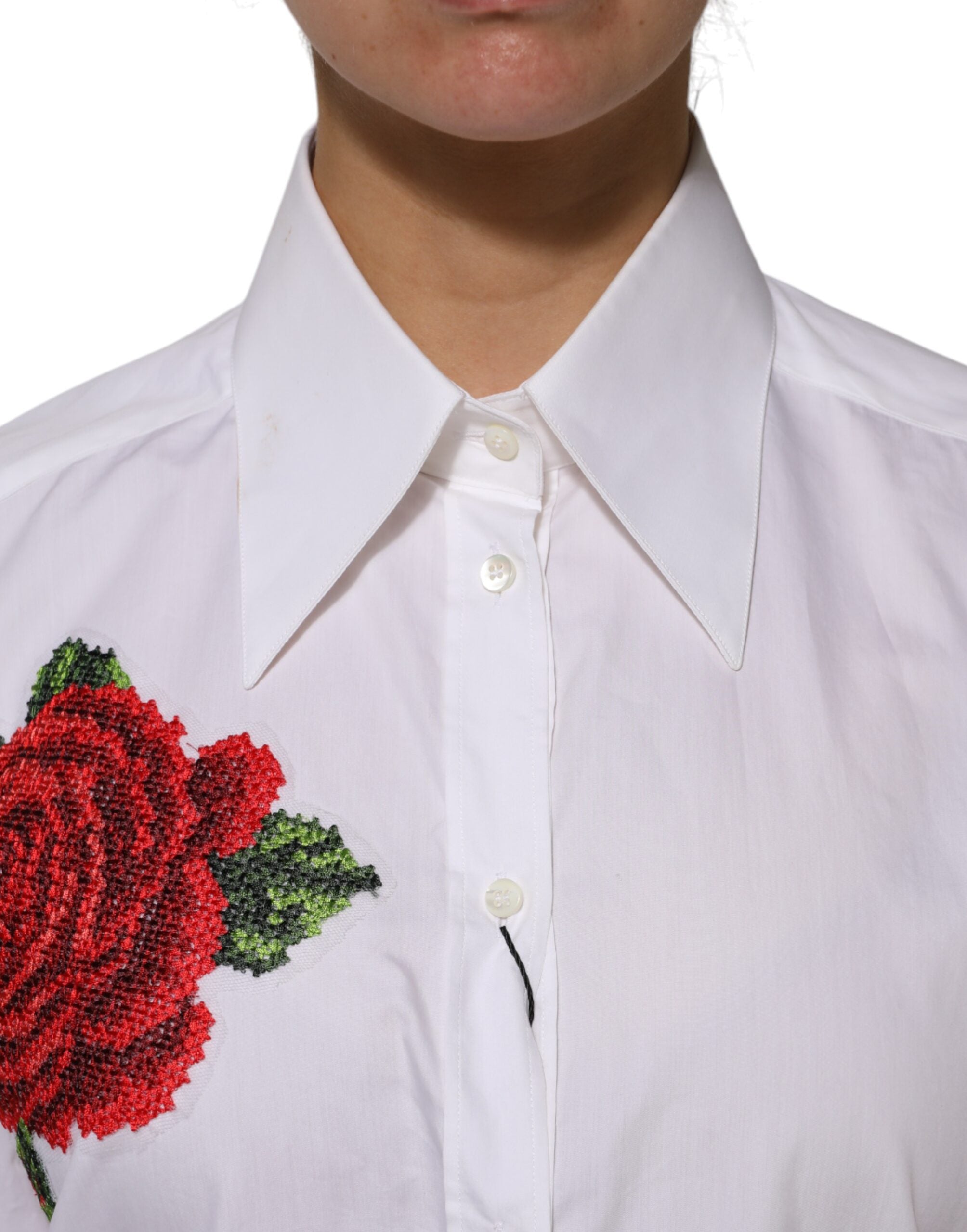 Dolce & Gabbana White Floral Cotton Collared Shirt Top