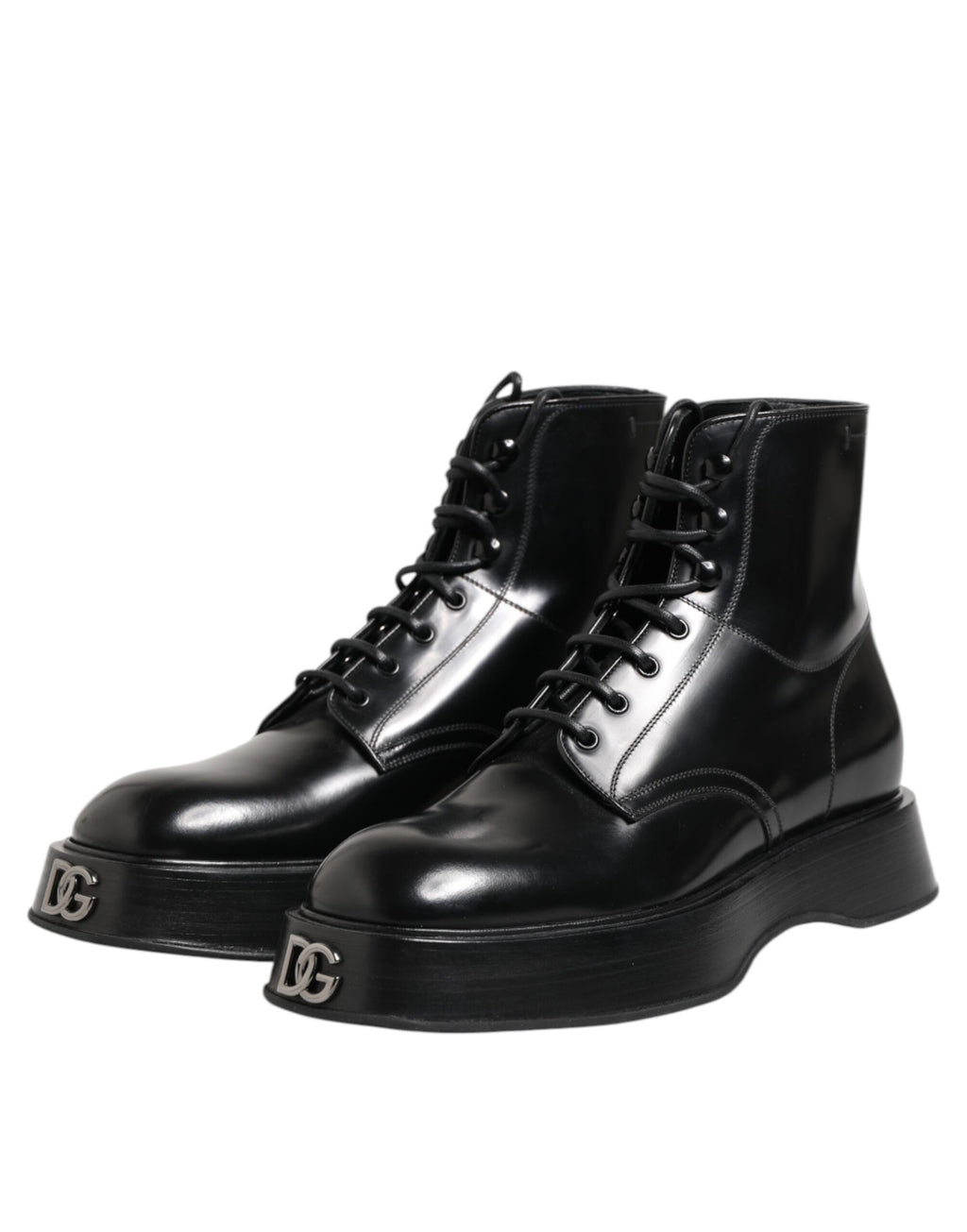 Dolce & Gabbana Black Leather Logo Ankle Boots Lace Up Shoes