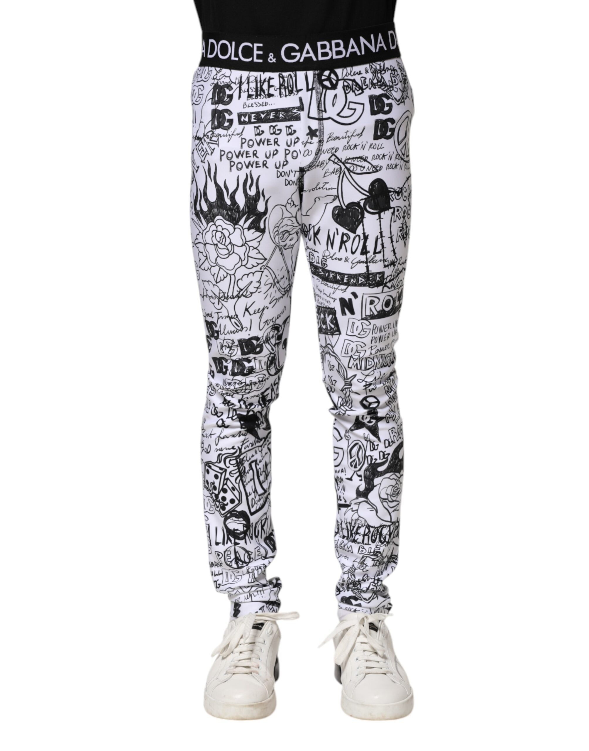 Dolce & Gabbana White Graffiti Skinny Men Jogger Pants