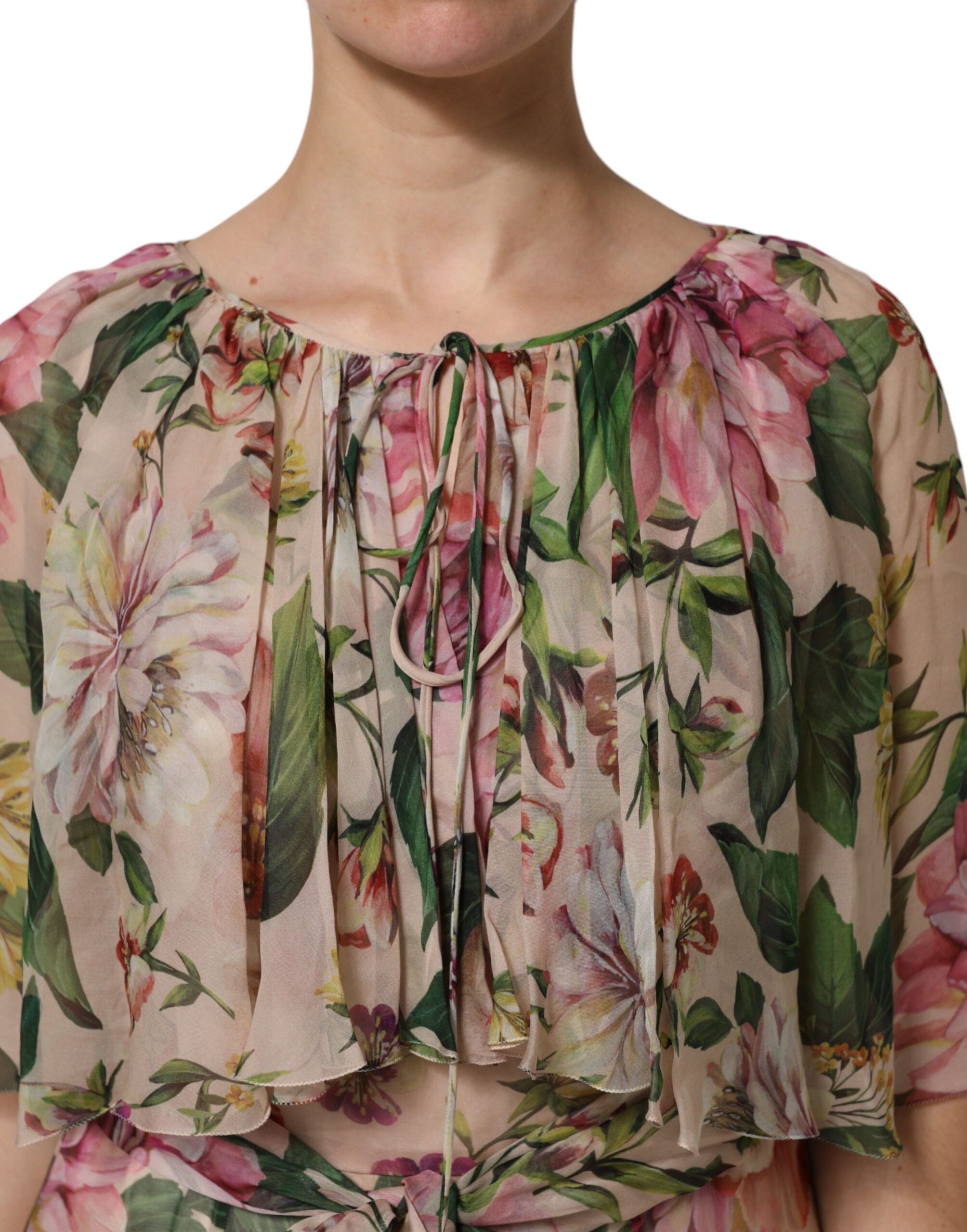 Dolce & Gabbana Pink Floral Print Tiered Long Maxi Dress