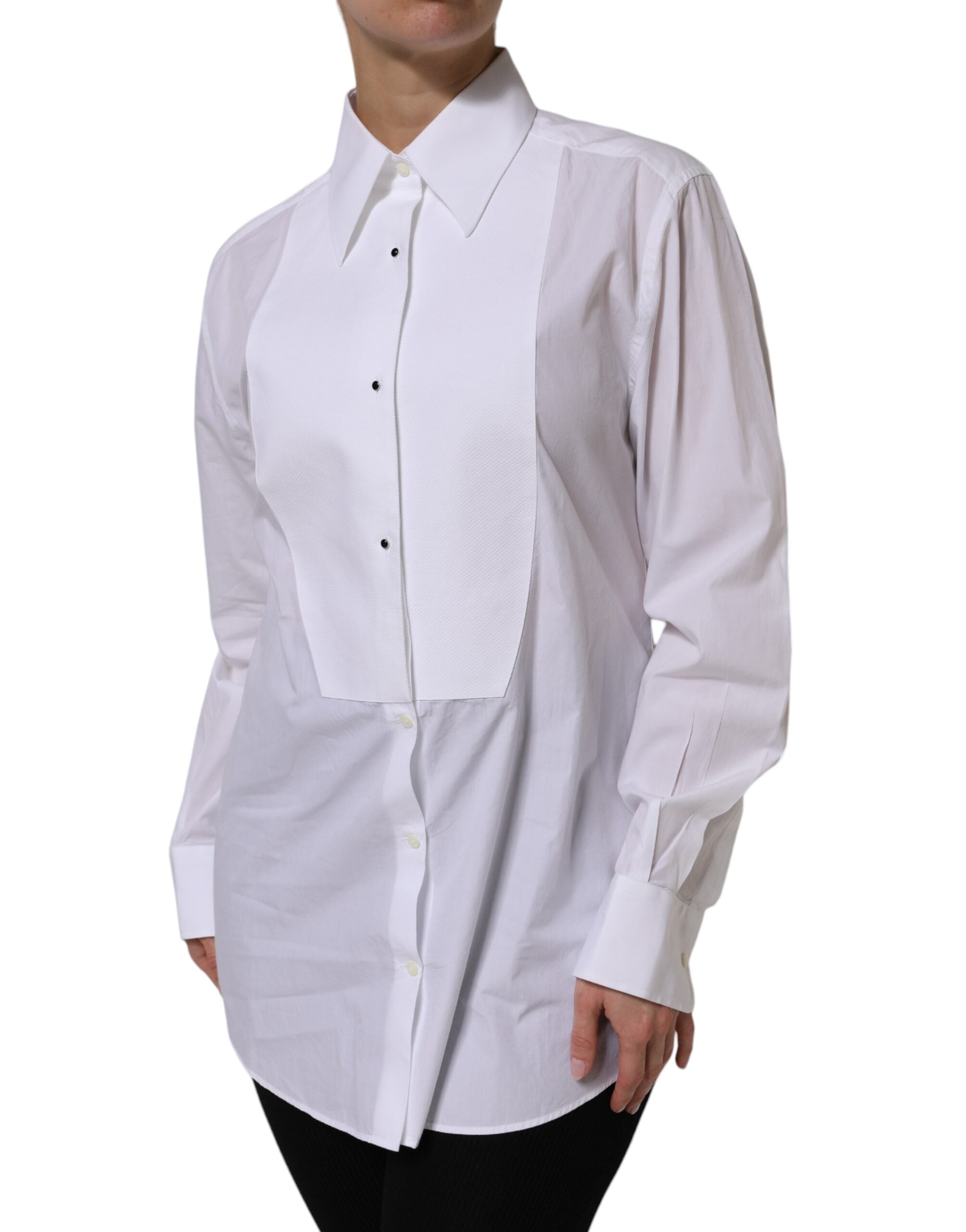 Dolce & Gabbana White Cotton Long Sleeves Collared Top Shirt