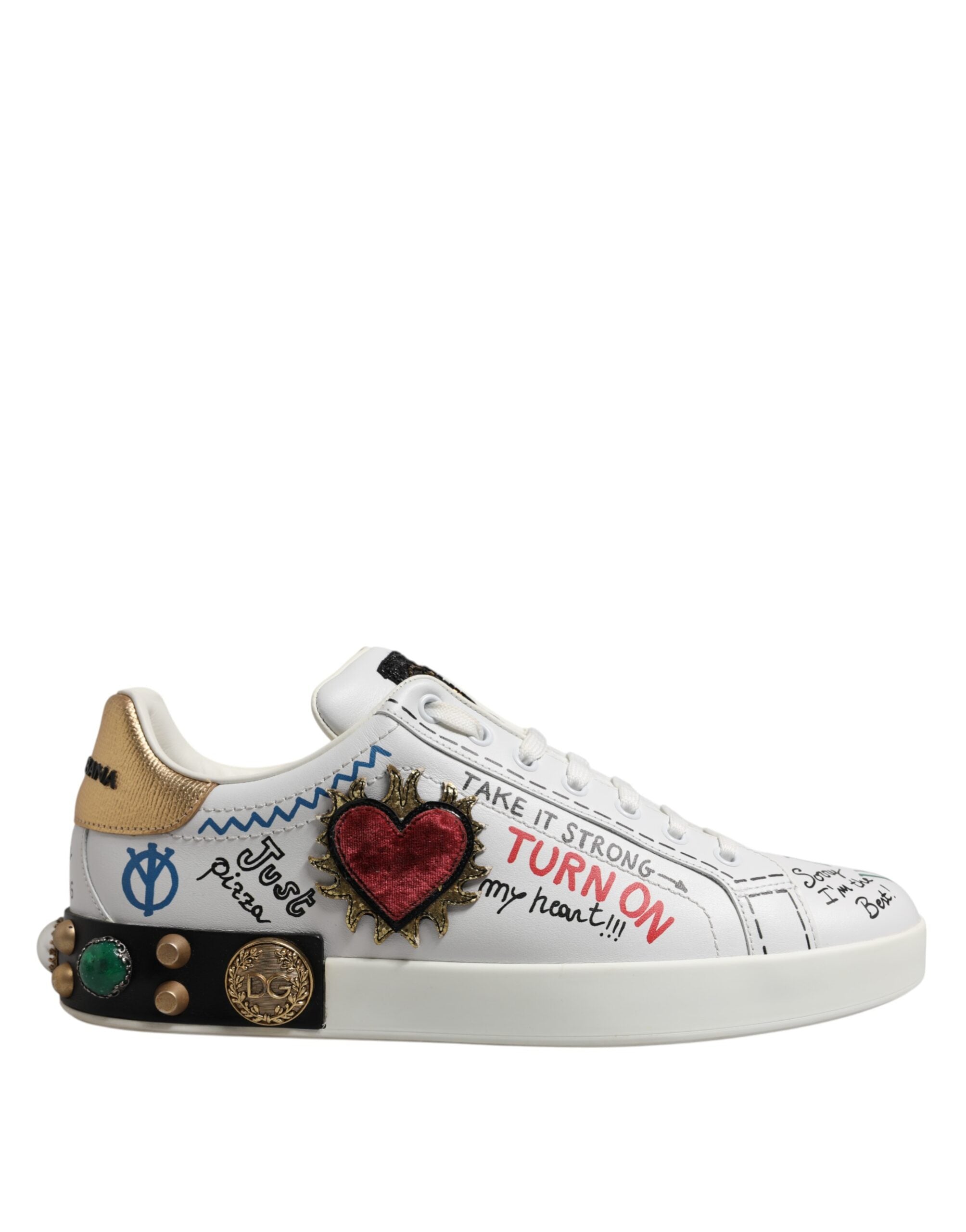 Dolce & Gabbana White Stud Heart Embellished Sneakers Shoes